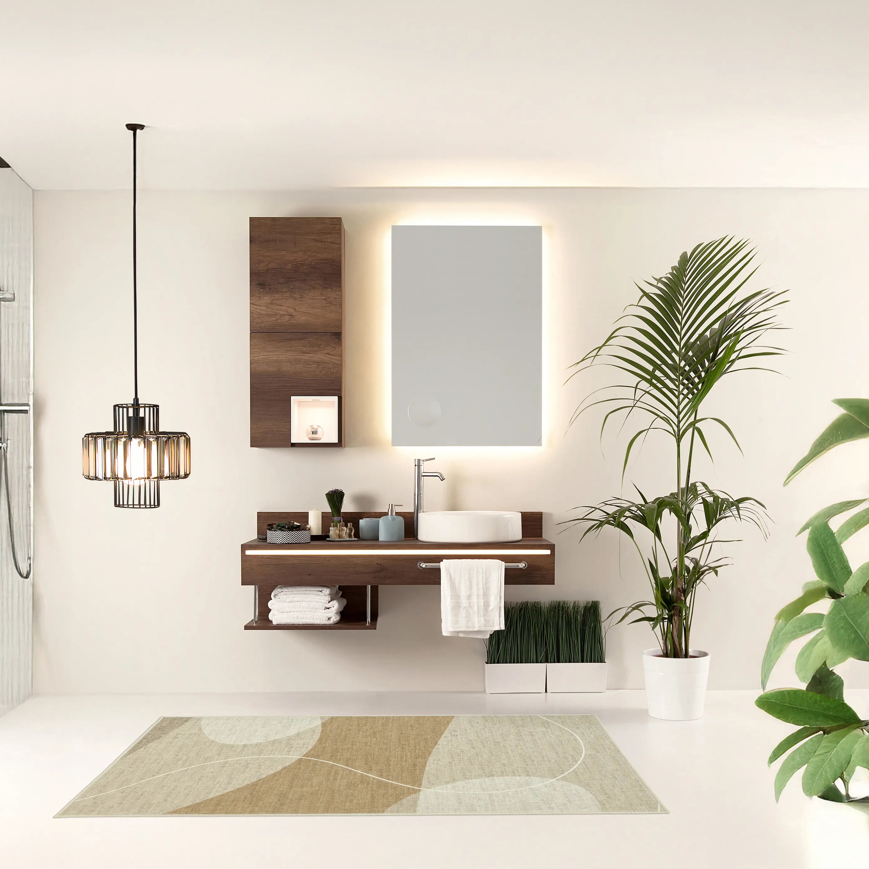 Tappeto Dunis 80x150 cm ambientato in living moderno, con onde naturali nei toni caldi del beige e dettagli bianchi sottili.