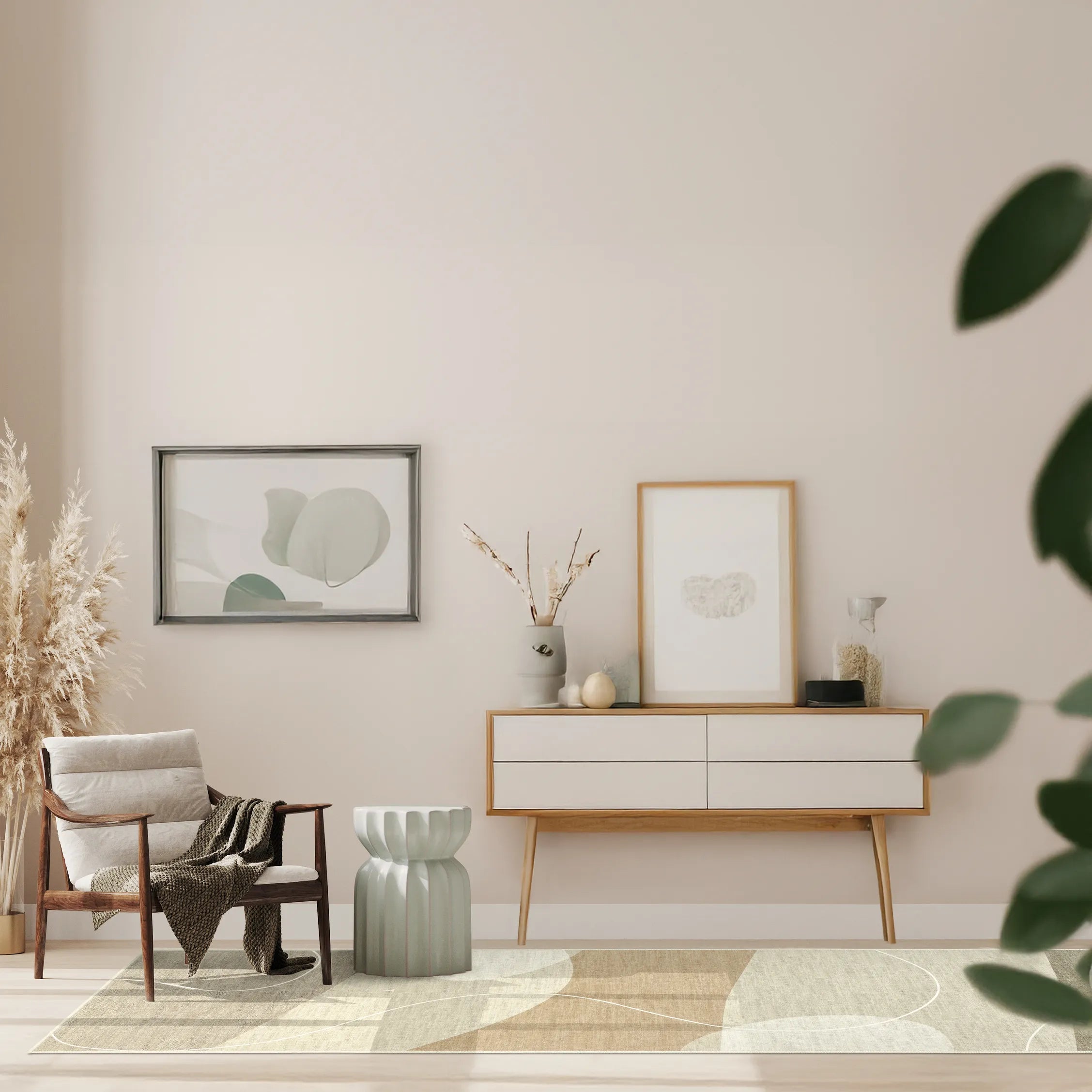 Tappeto Dunis 80x250 cm runner  con onde armoniose in tonalità neutre.