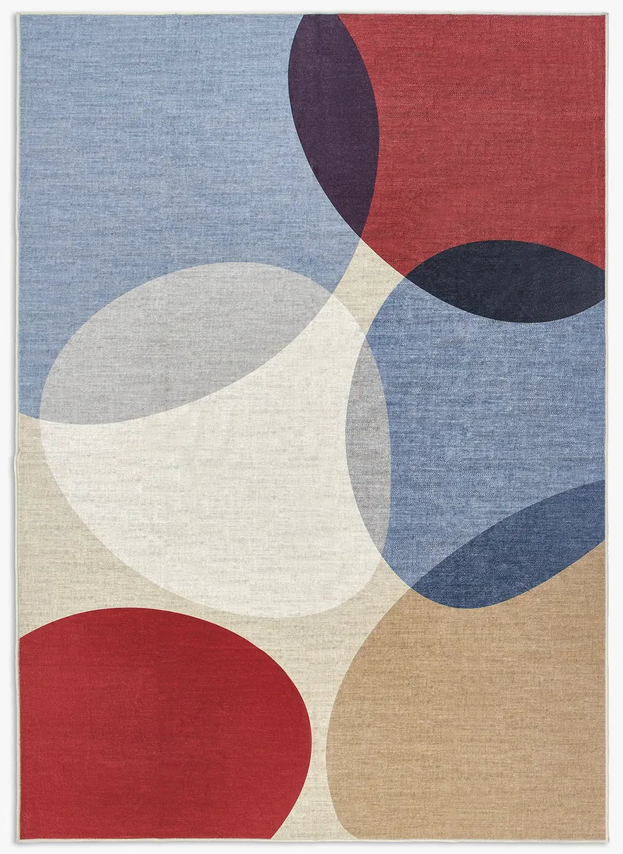 Tappeto Nayra 200x290 cm visto dall’alto, pattern geometrico multicolore astratto.