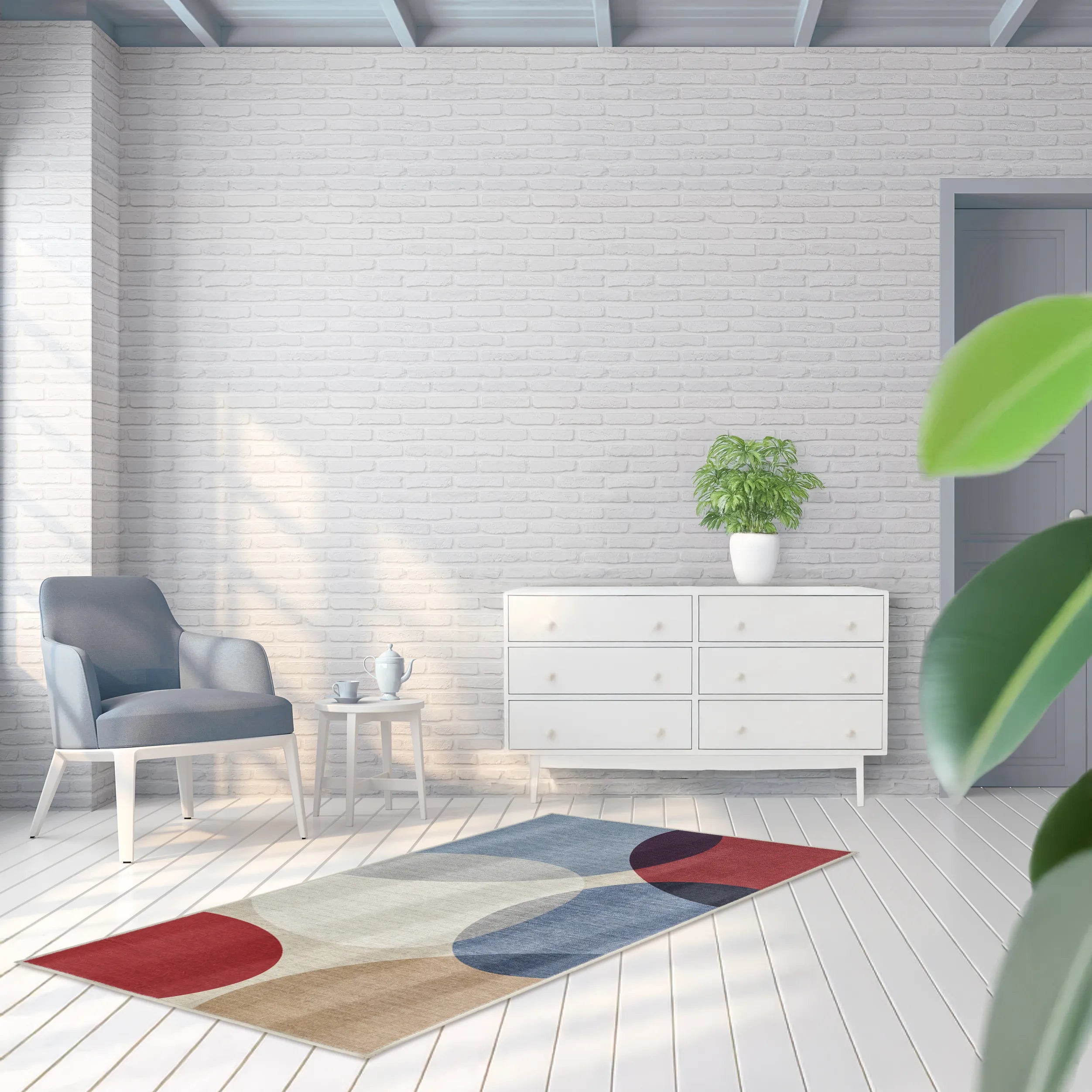 Tappeto Nayra 80x150 cm multicolore, ambientato in piccolo living moderno.