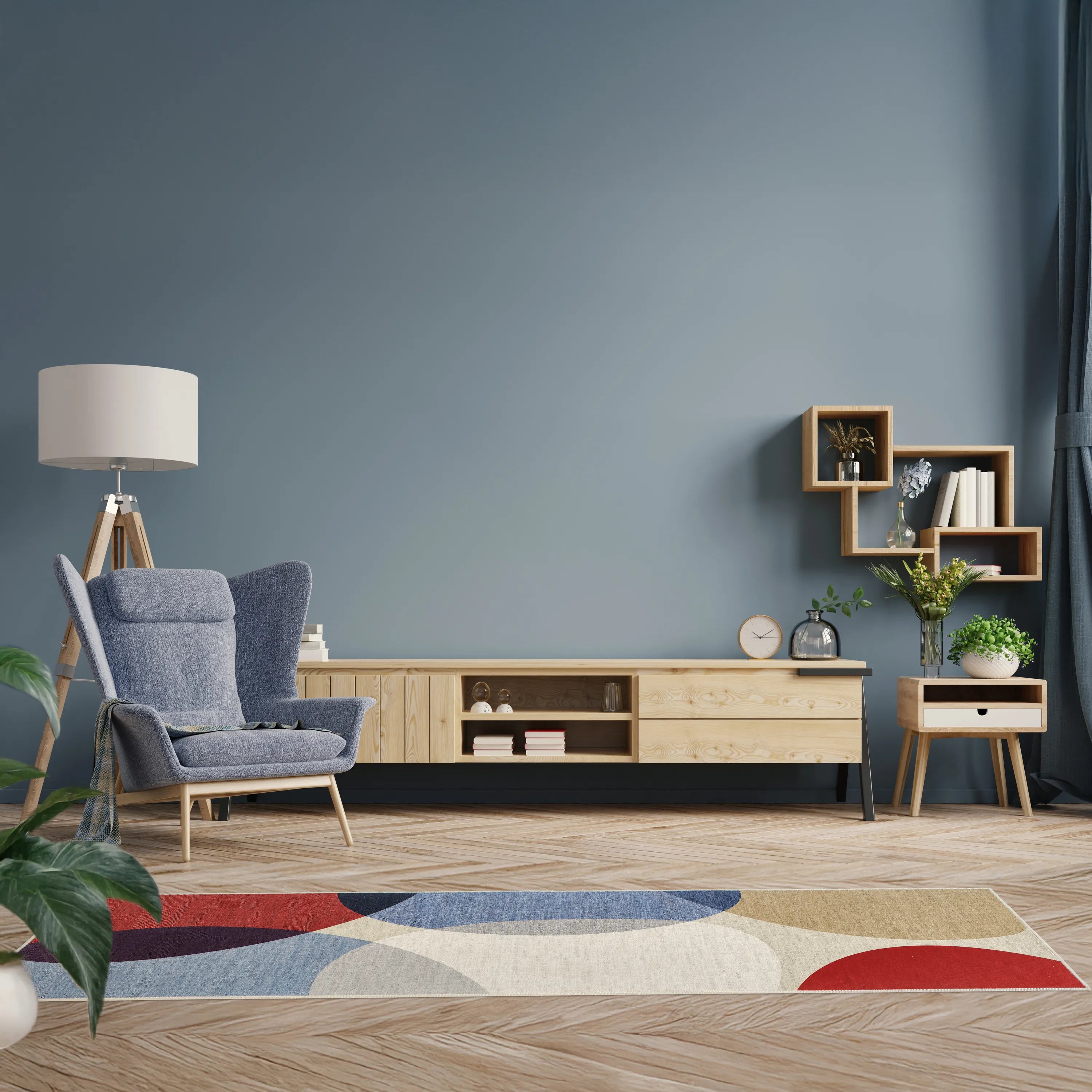 Tappeto Nayra 80x250 cm runner multicolore, ambientato in living moderno.