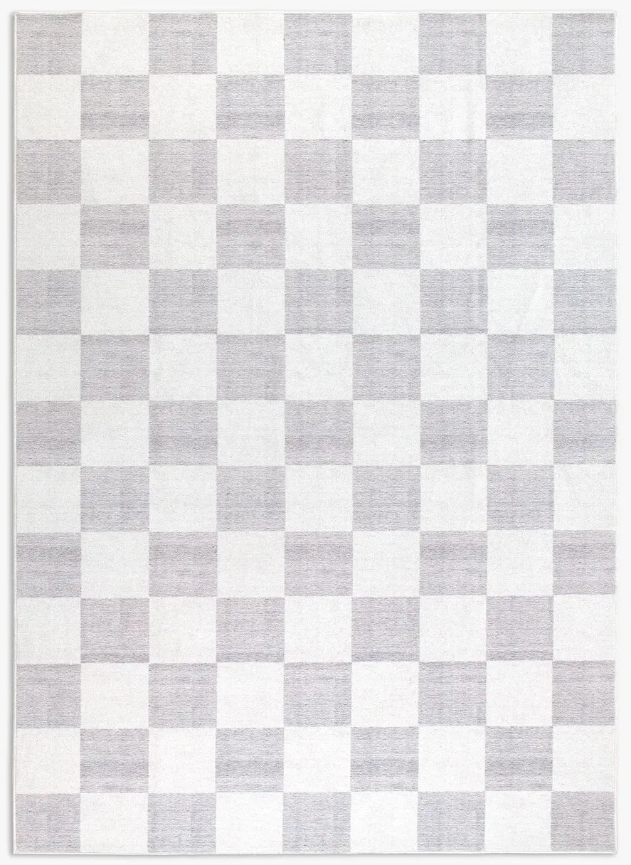 Tappeto Jack LtGrey 200×290 cm in pelo taftato, motivo a quadri nei toni grigio chiaro e panna visto dall’alto.