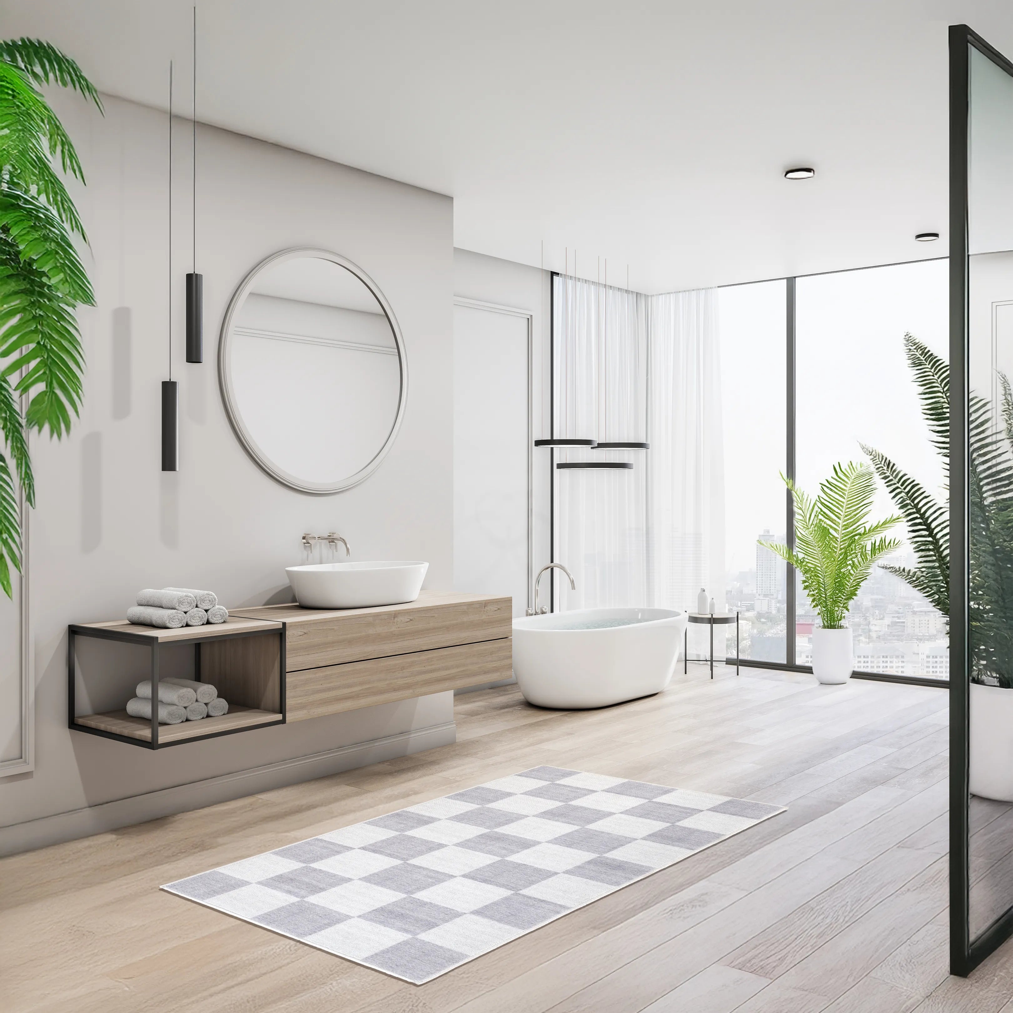 Tappeto Jack LtGrey 80×150 cm davanti a vasca freestanding in bagno moderno, mobile lavabo in legno e grande specchio rotondo.