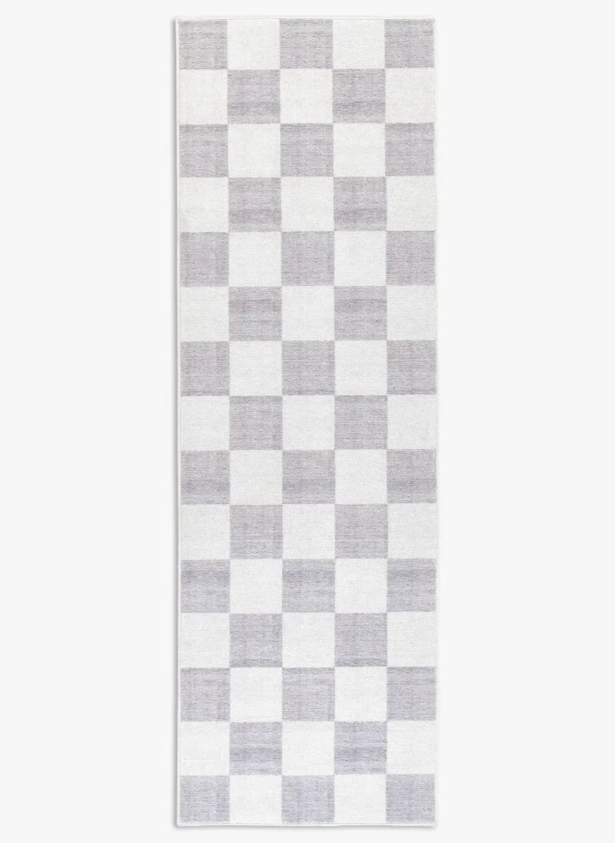 Tappeto Jack LtGrey 80×250 cm in pelo taftato, motivo a quadri allungato grigio chiaro e panna visto dall’alto.