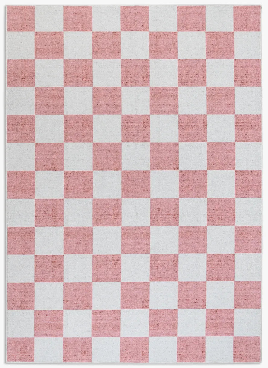 Tappeto Jack LtRose 200×290 cm in pelo taftato, motivo a quadri nei toni rosa cipria e crema visto dall’alto.