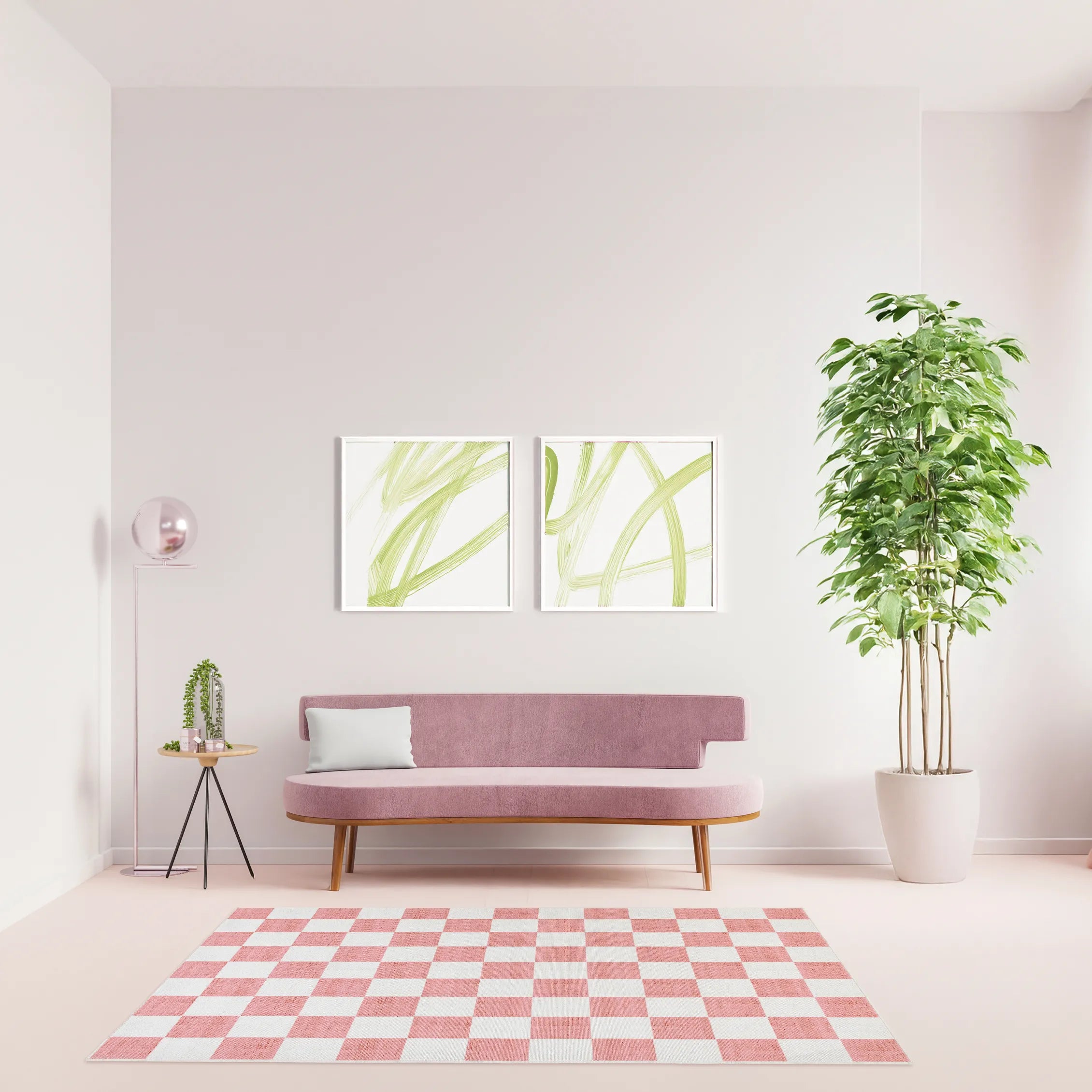 Tappeto Jack LtRose 160×230 cm in living luminoso con divano chiaro, tavolino tondo e lampada da terra, atmosfera calda e accogliente.