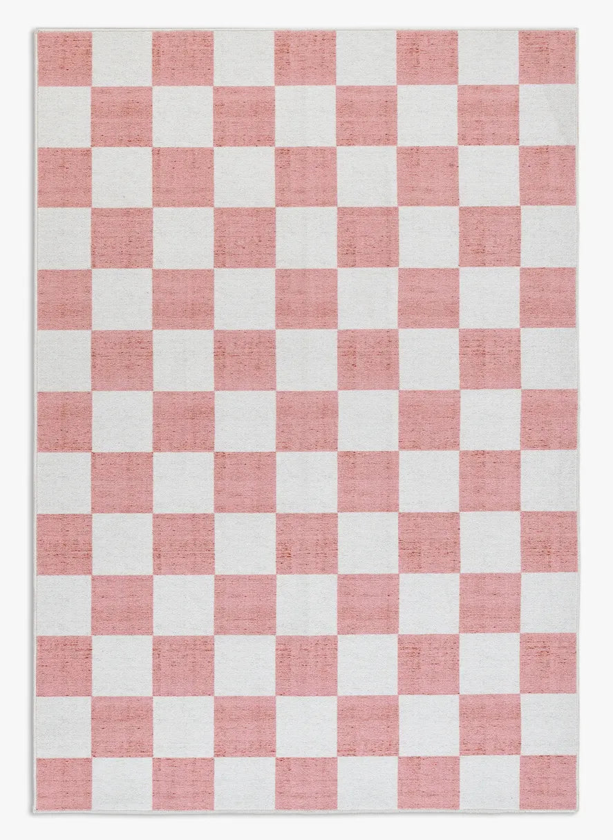 Tappeto Jack LtRose 160×230 cm in pelo taftato, pattern a quadri rosa cipria e beige chiaro visto dall’alto.
