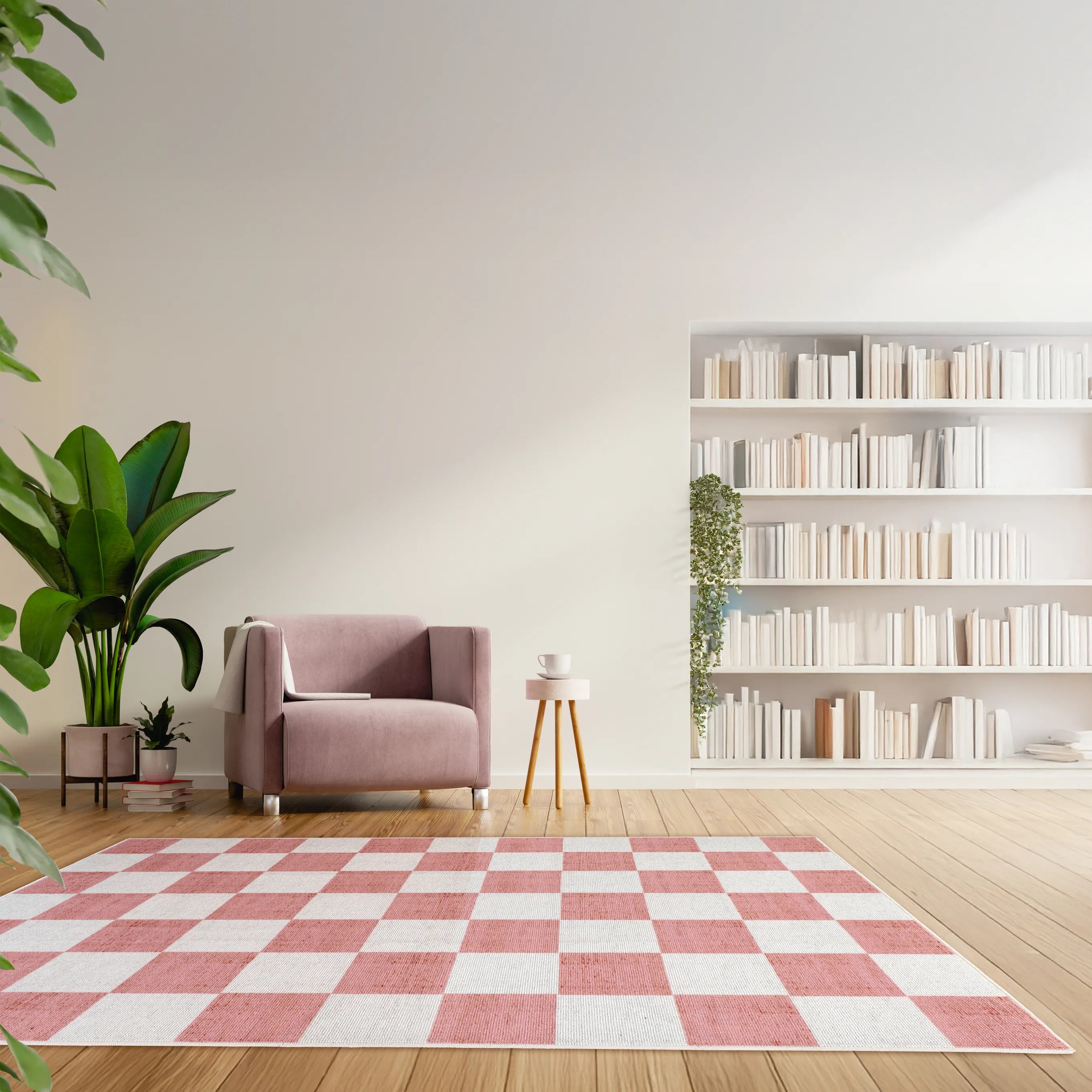 Tappeto Jack LtRose 130×190 cm in zona relax con poltrona chiara, pouf e decorazioni naturali, stile femminile e soft.