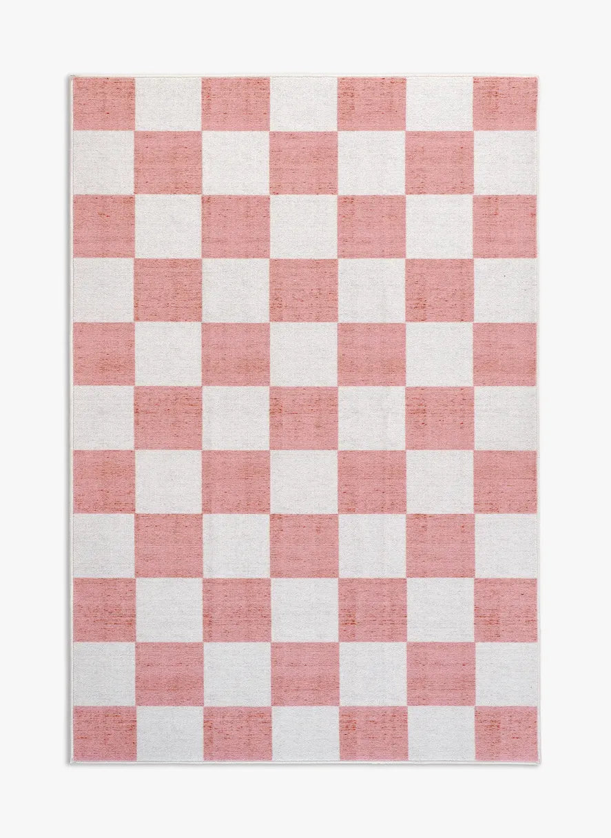 Tappeto Jack LtRose 130×190 cm in pelo taftato, quadri morbidi nei toni rosa polveroso e crema visto dall’alto.