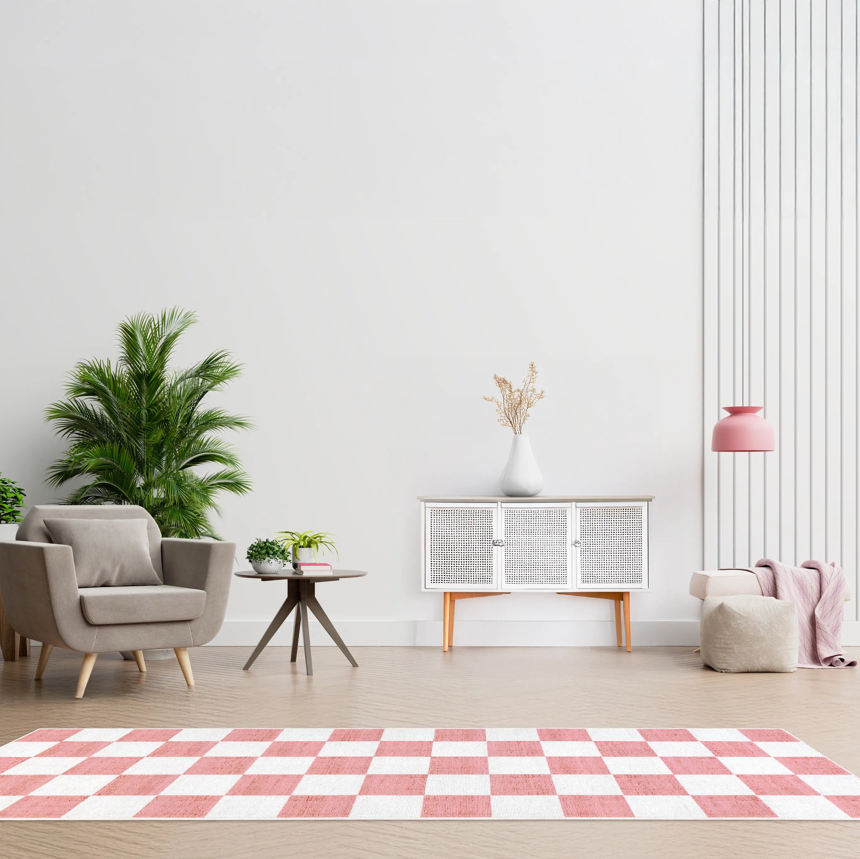 Tappeto Jack LtRose 80×250 cm in corridoio o ingresso con console in legno chiaro, specchio grande e decorazioni floreali.