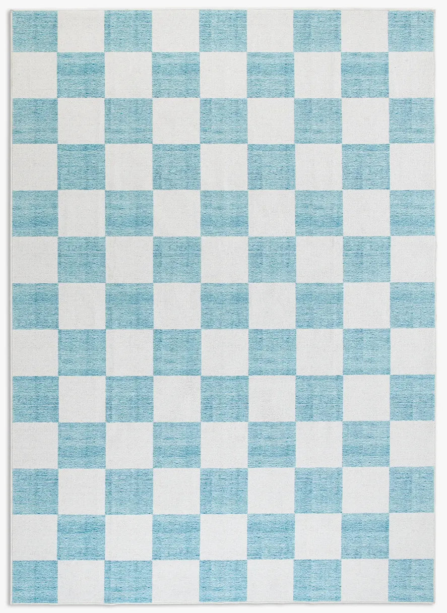 Tappeto Jack Mint 200×290 cm in pelo taftato, motivo a quadri nei toni verde menta desaturato e avorio visto dall’alto.