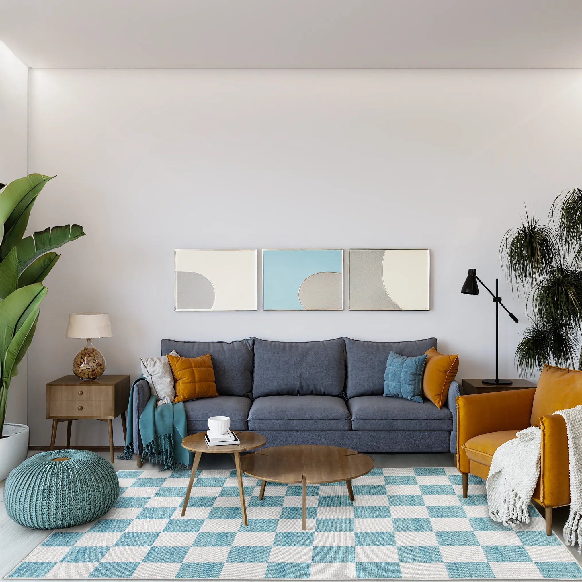 Tappeto Jack Mint 160×230 cm in living con divano chiaro, tavolino basso in legno e dettagli naturali, atmosfera fresca e rilassante.