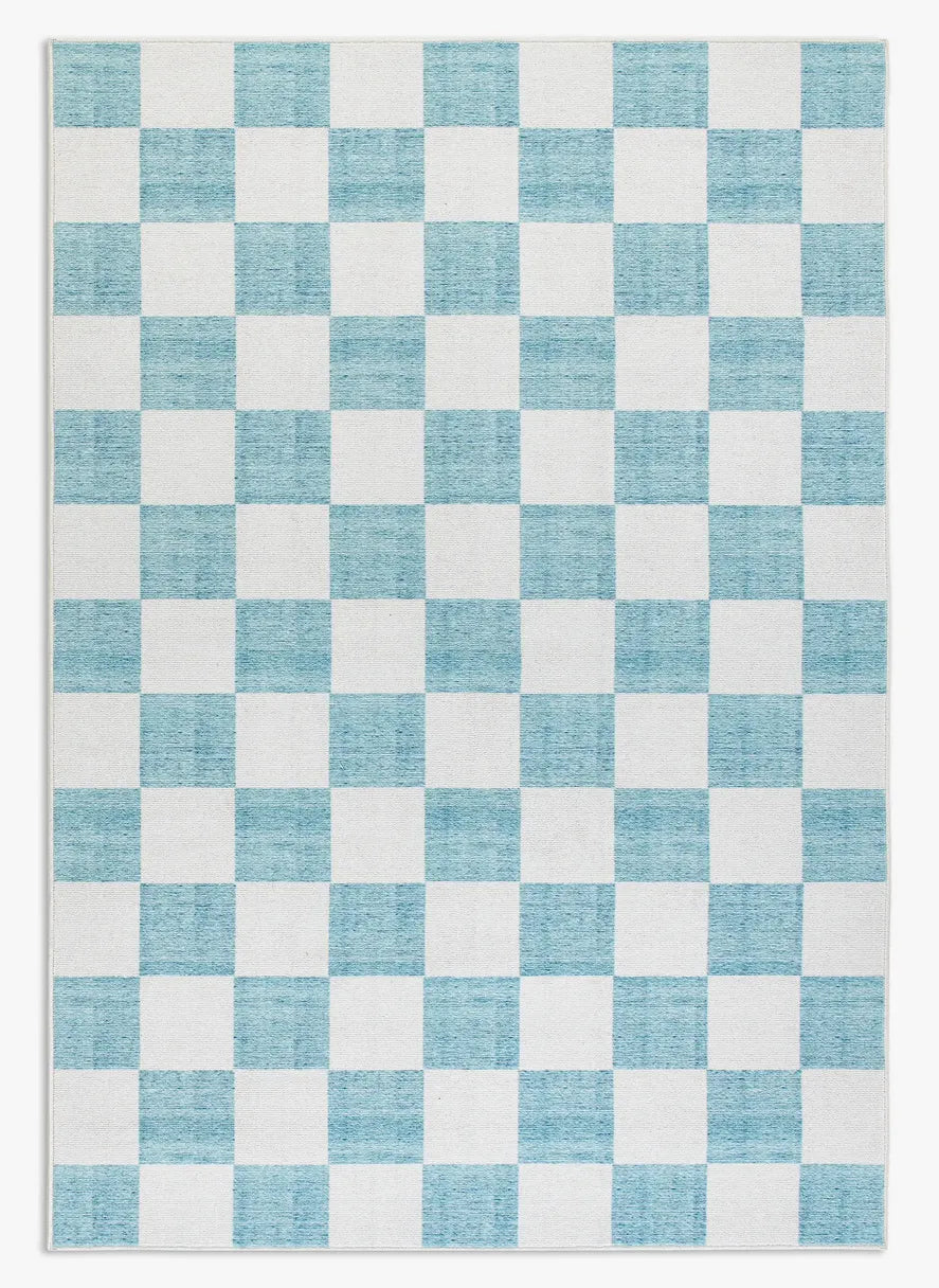 Tappeto Jack Mint 160×230 cm in pelo taftato, pattern a quadri verde menta e panna visto dall’alto.