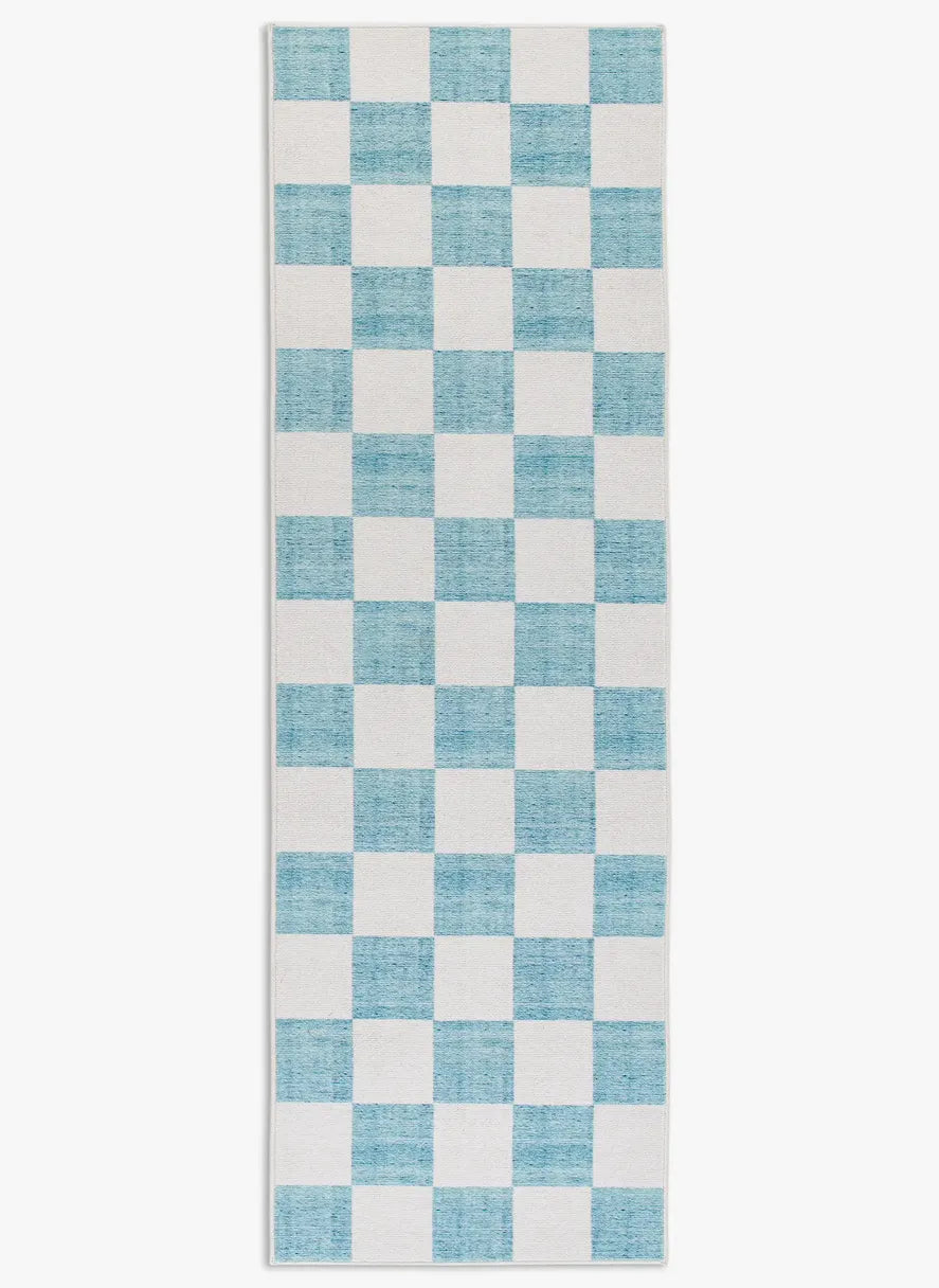 Tappeto Jack Mint 80×250 cm in pelo taftato, quadri allungati verde menta e avorio visto dall’alto.