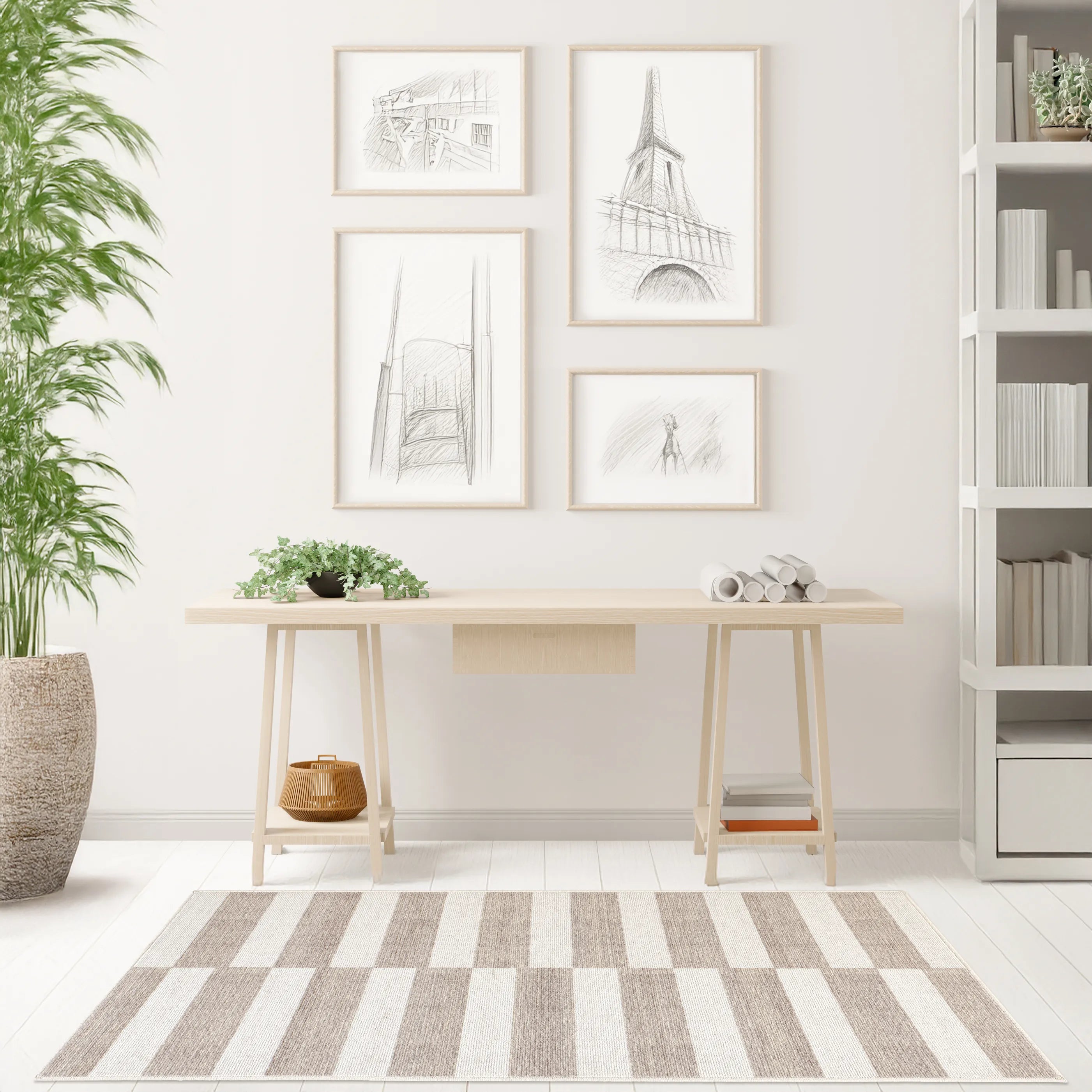 Tappeto Strider Grey 80×150 cm sotto a scrivania in legno e pareti bianche.