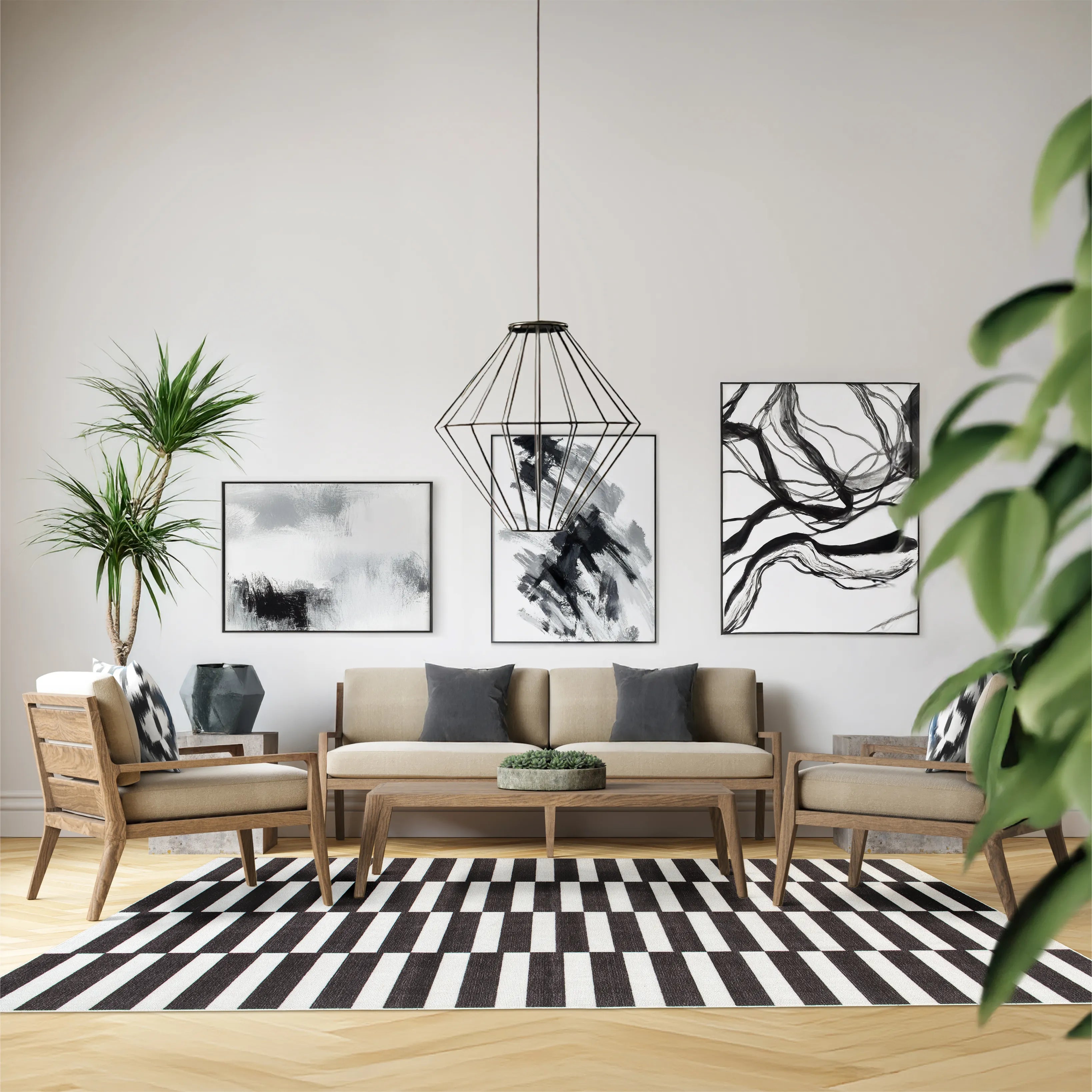 Tappeto Strider Black 200×290 cm steso in soggiorno moderno, pattern a righe nere e panna che dona ritmo grafico all’ambiente.