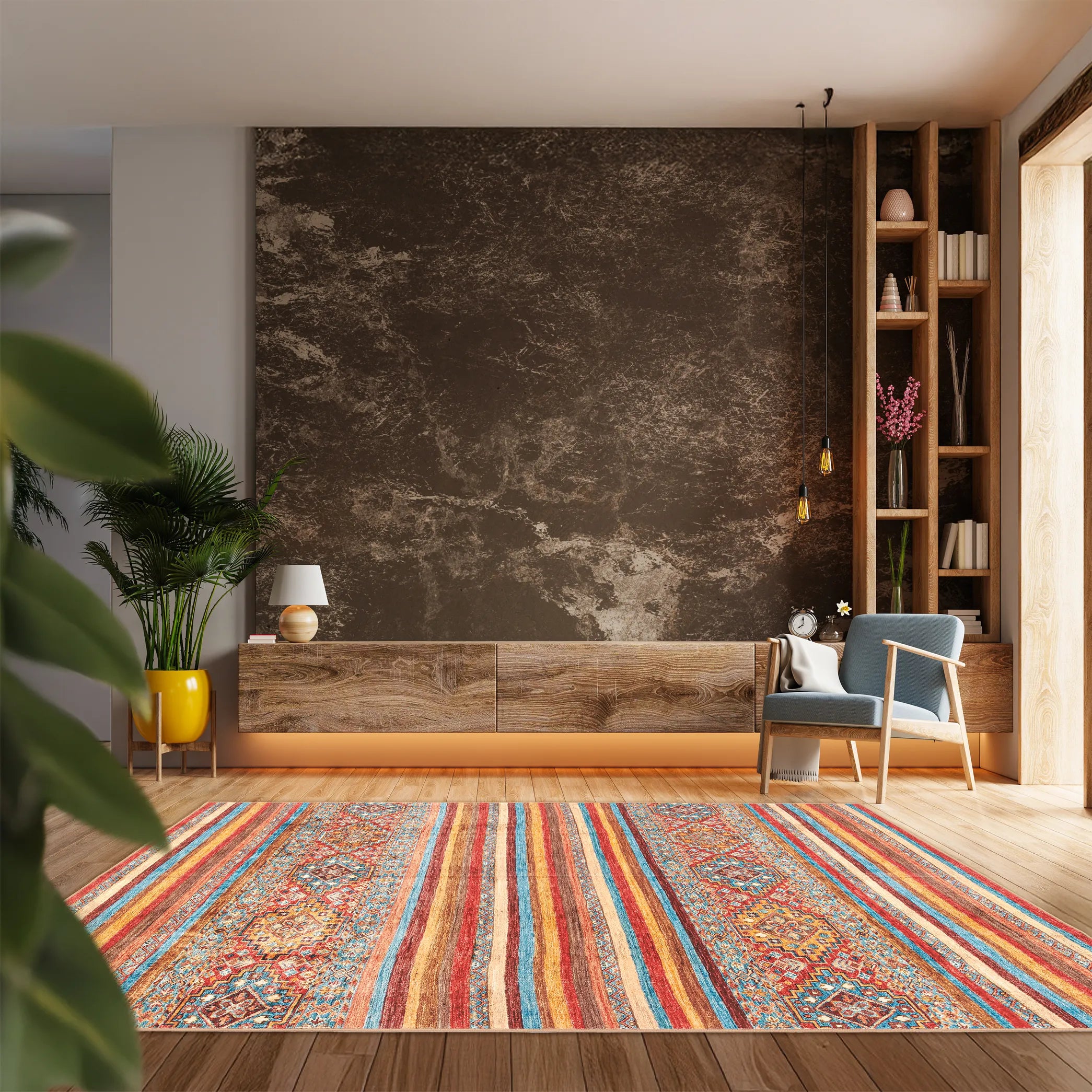 Tappeto Azmeo 200x290 cm in grande soggiorno moderno, decorato con bande orizzontali e motivi etnici multicolore.