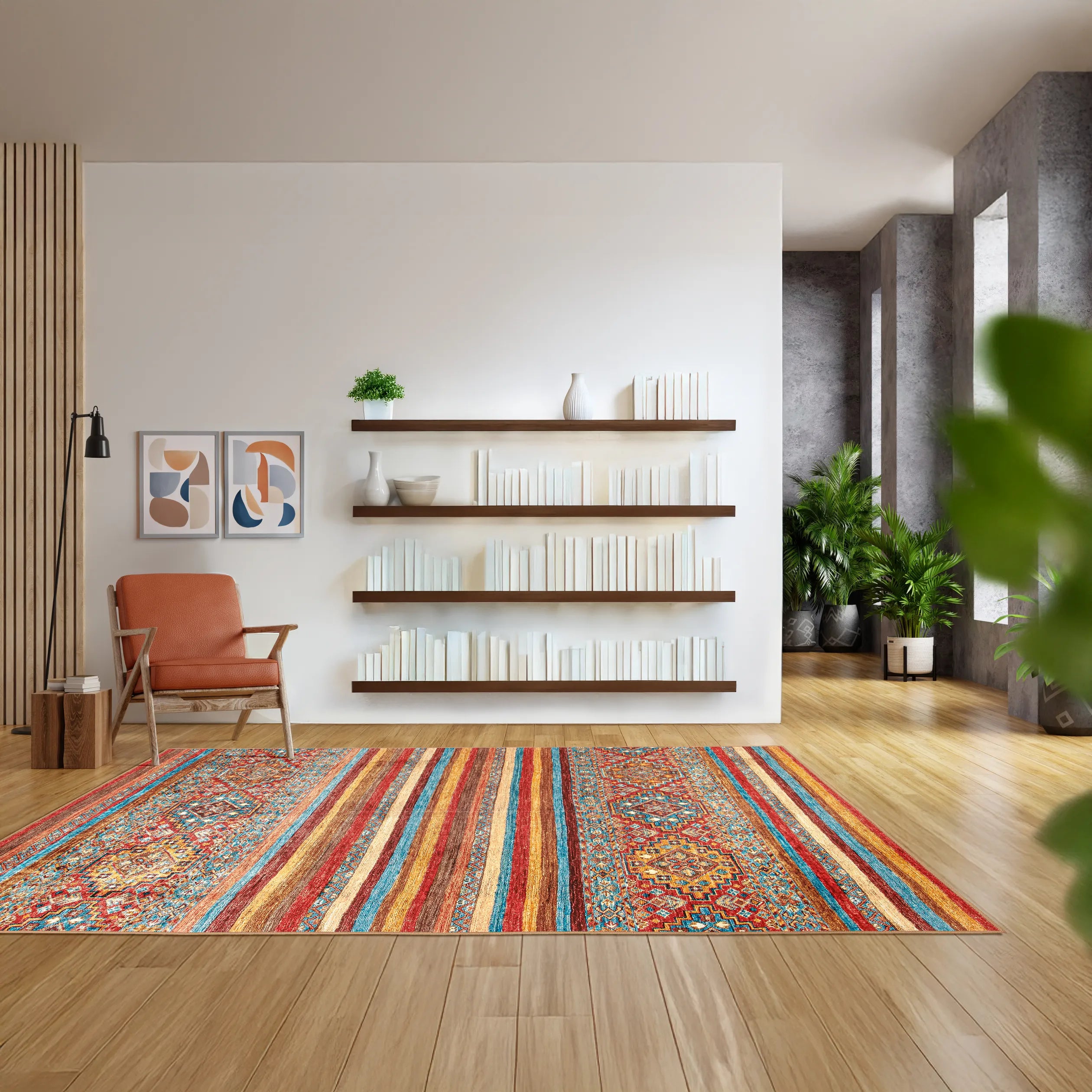 Tappeto Azmeo 160x230 cm ambientato in salotto contemporaneo, con motivi etnici e tessitura piatta nei toni terracotta e azzurro