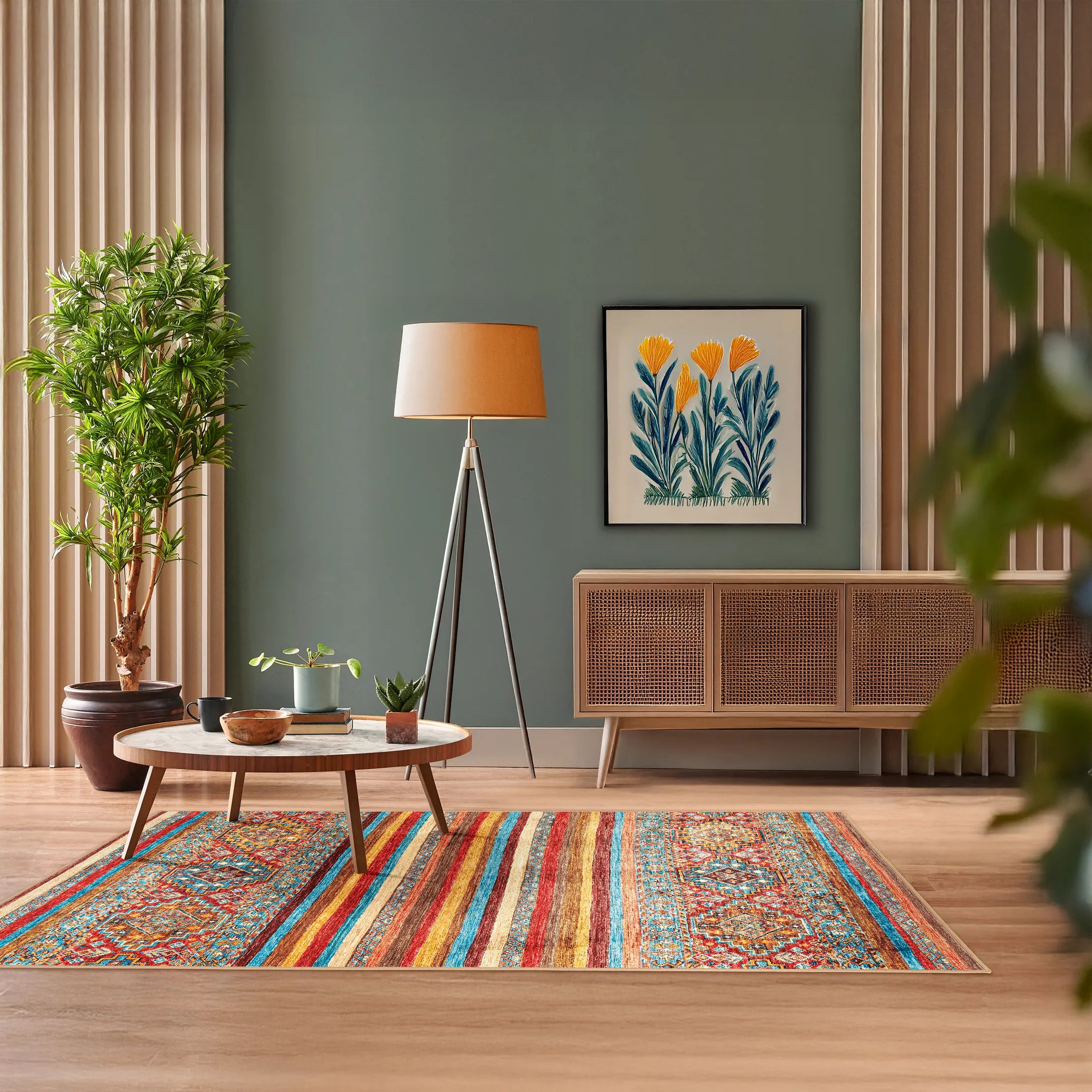 Tappeto Azmeo 130x190 cm in ambiente living, stile etnico-classico con colori caldi e dettagli ornamentali.