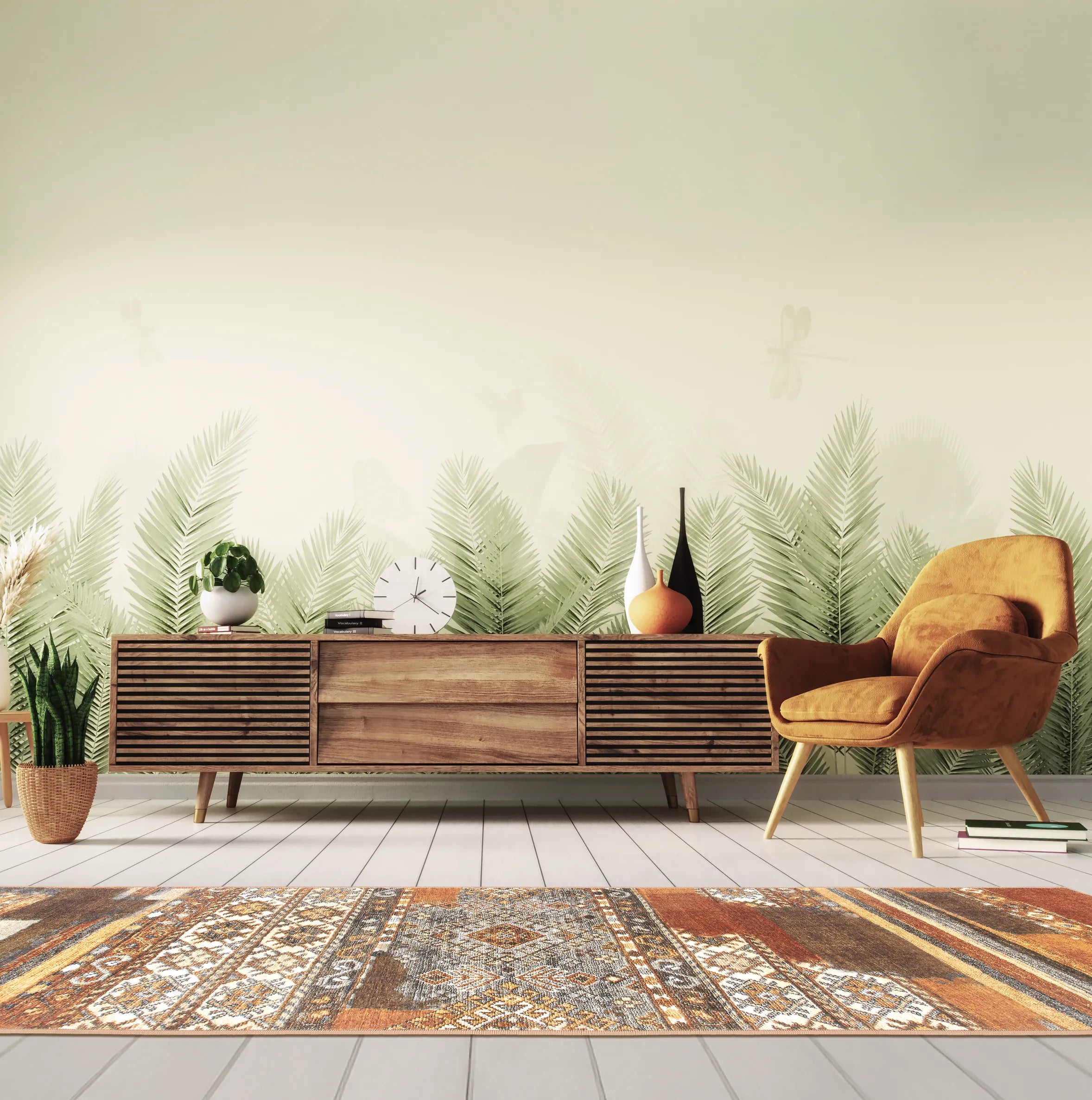 Tappeto Myfar 80x250 cm runner ambientato in corridoio moderno, con colori caldi e dettagli ornamentali.