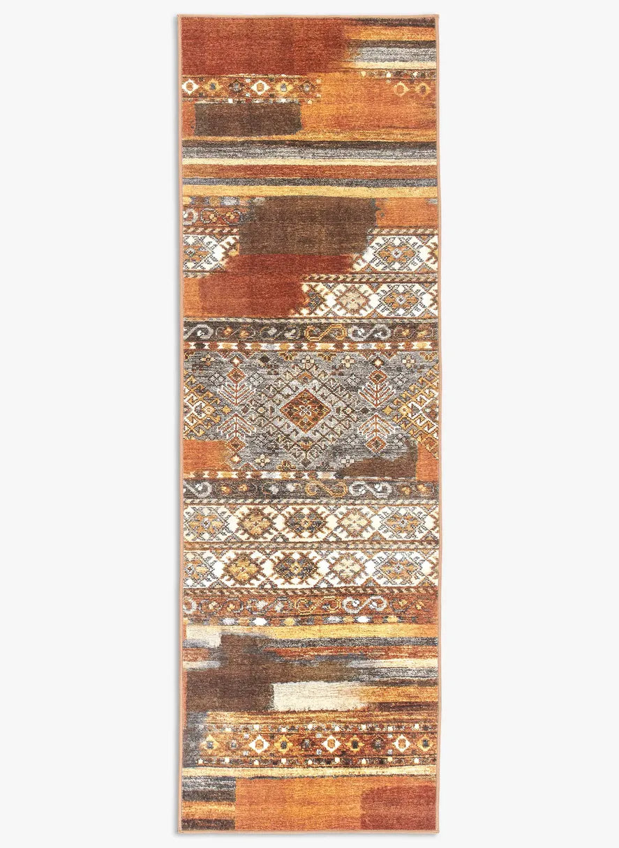 Tappeto Myfar 80x250 cm visto dall’alto, runner nei toni terracotta, crema e ruggine con motivi etnici.