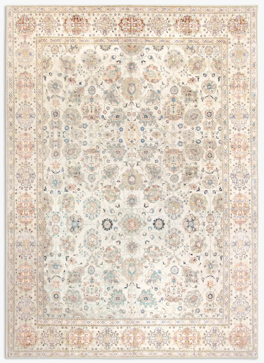 Tappeto Jane 200×290 cm in pelo corto di microfibra con motivo classico floreale e cornice decorata su fondo avorio, visto dall’alto.