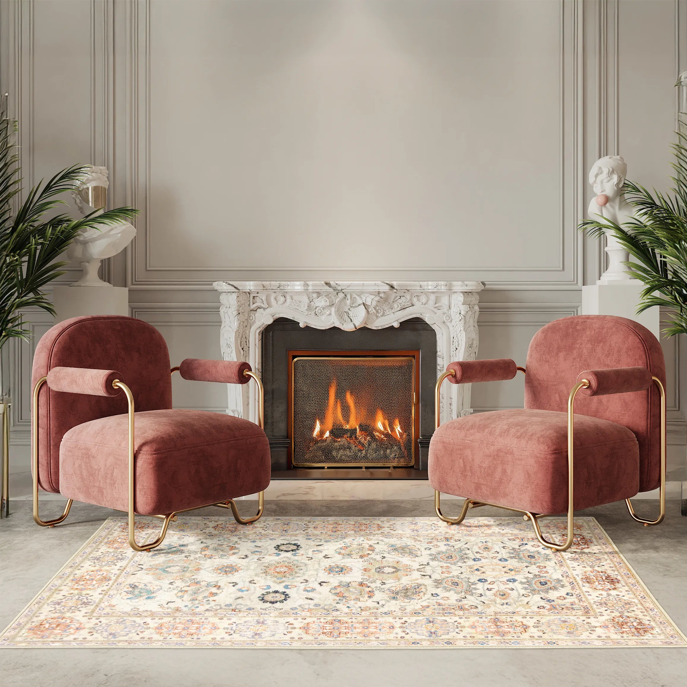 Tappeto Jane 80×150 cm davanti a camino classico bianco acceso, affiancato da due poltrone rosa cipria con struttura in metallo dorato e piante verdi.