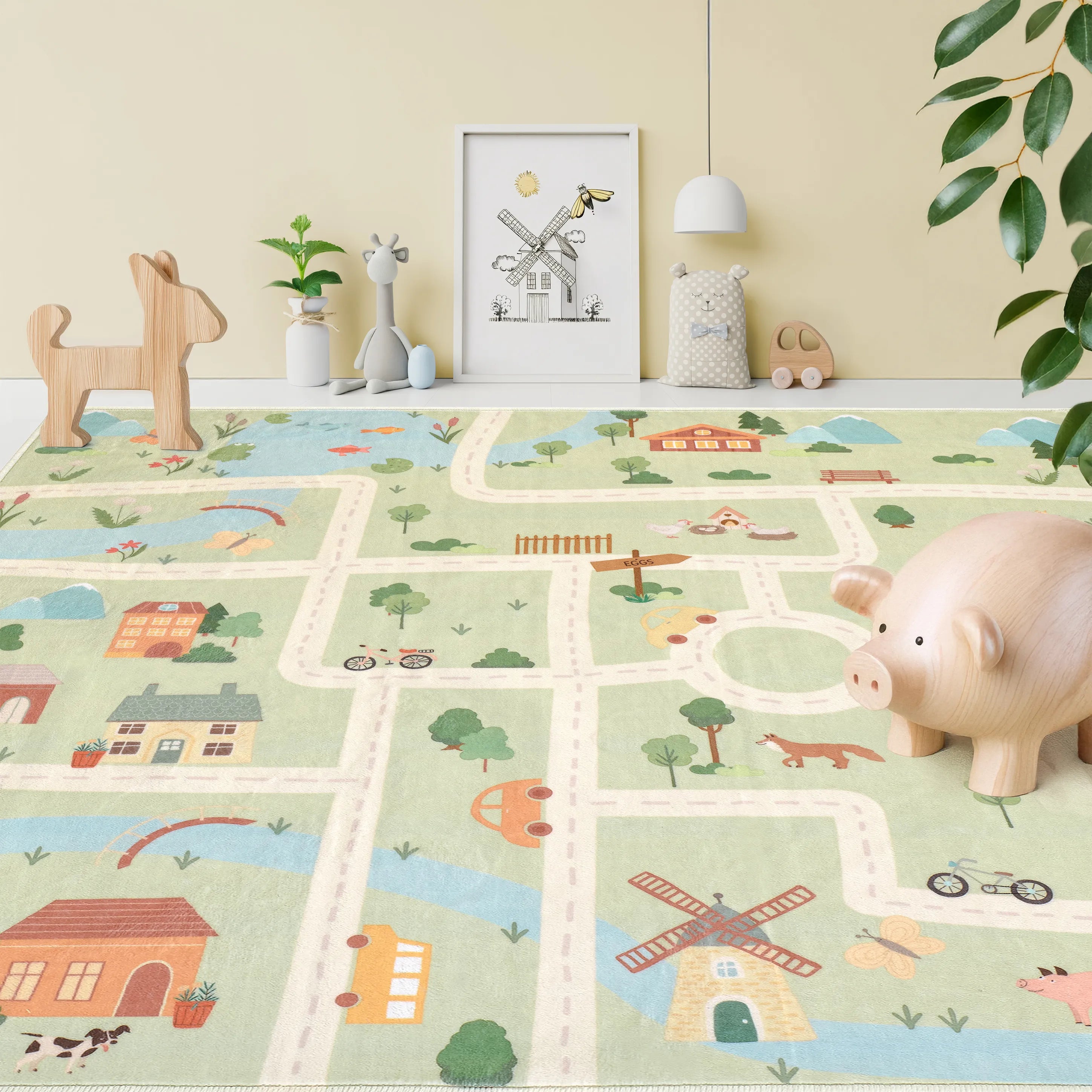 Tappeto Ecovia 120×120 cm quadrato posato in cameretta o area gioco, tappeto illustrato con strade e paesaggio naturale.