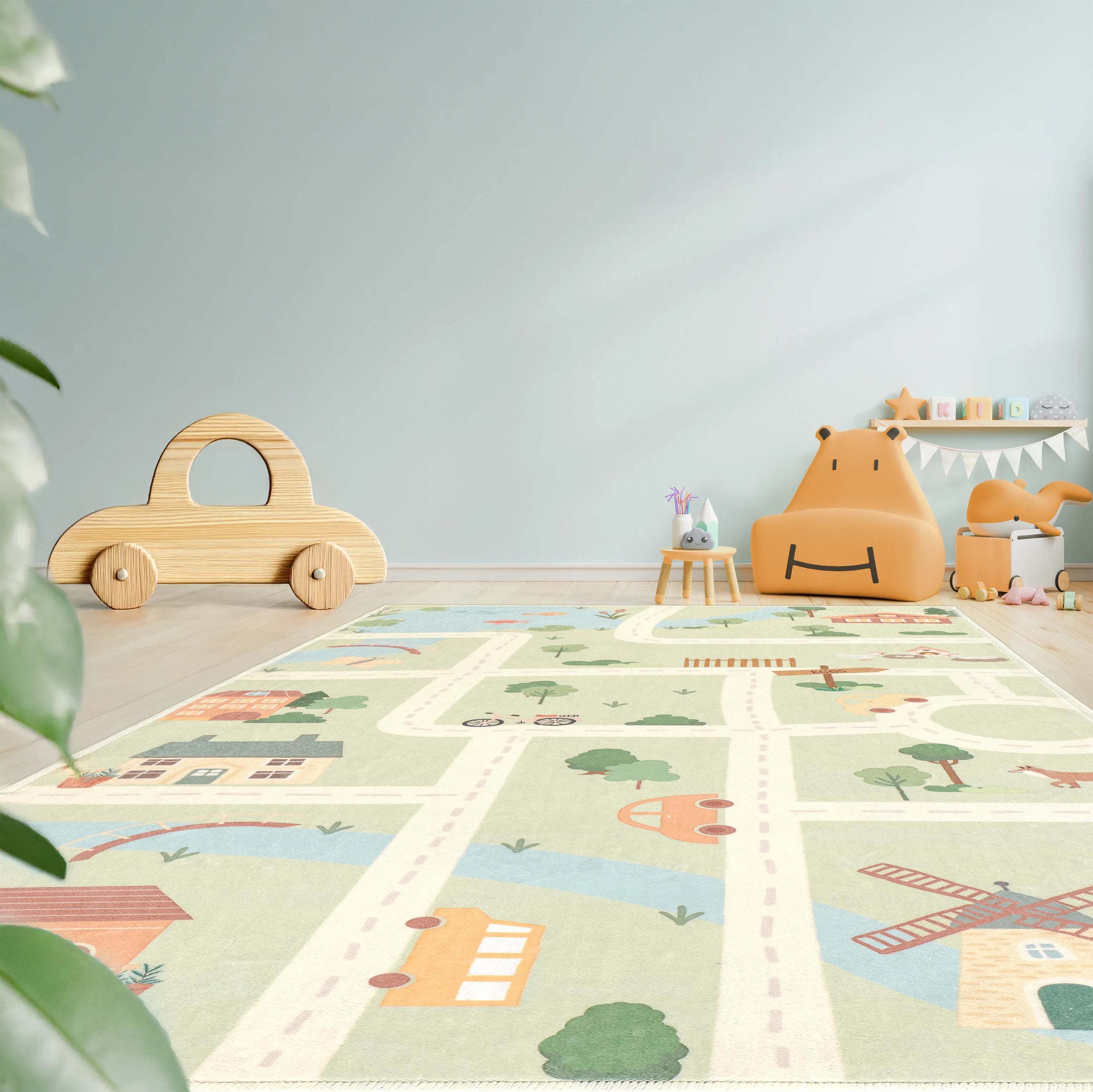 Tappeto Ecovia 80×150 cm in piccolo angolo gioco, tappeto con percorso di strade e casette ideale per macchinine e personaggi.