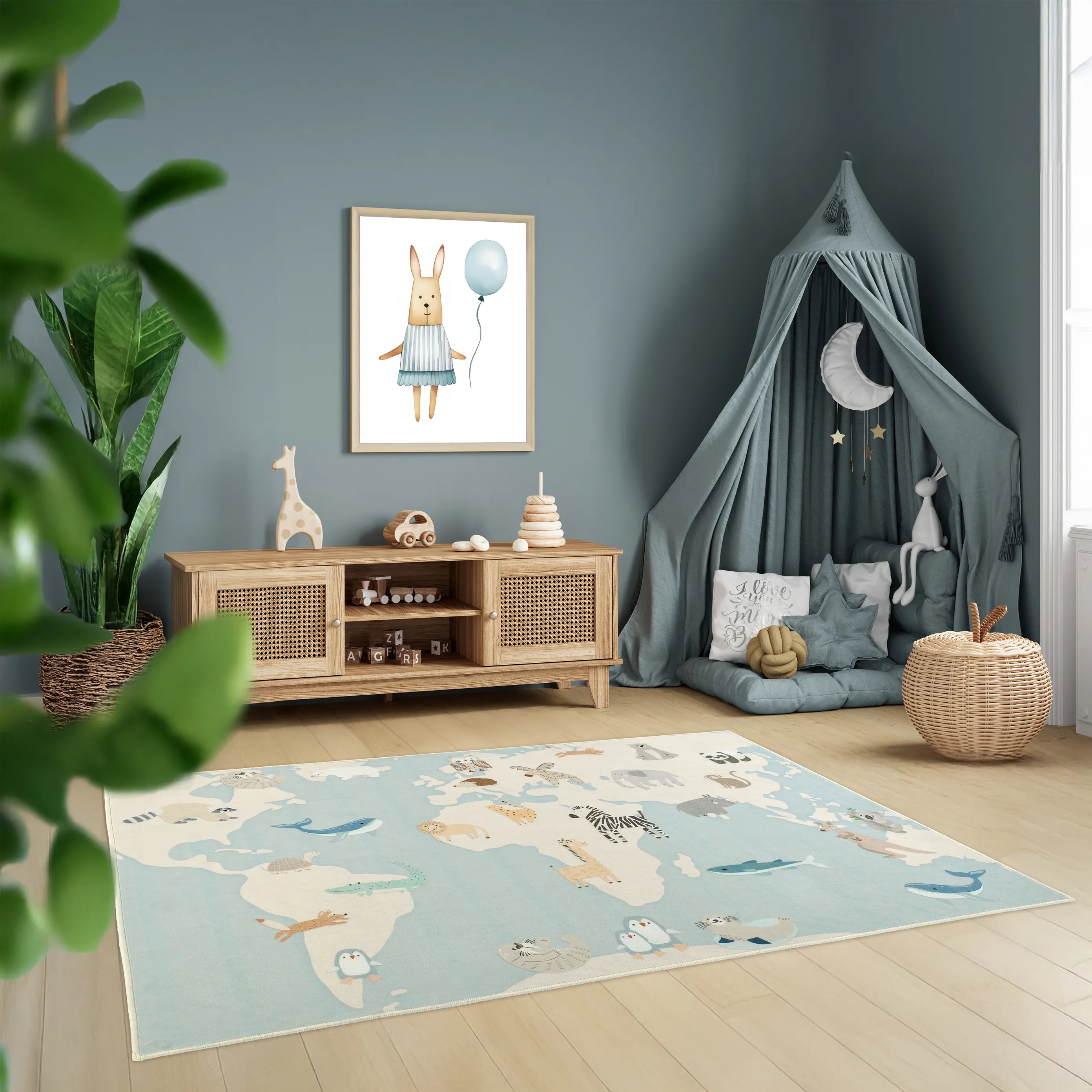 Tappeto Zoonia 120x180 cm a pavimento come tappeto gioco, grande mappa del mondo con animali che invita a giocare e imparare.