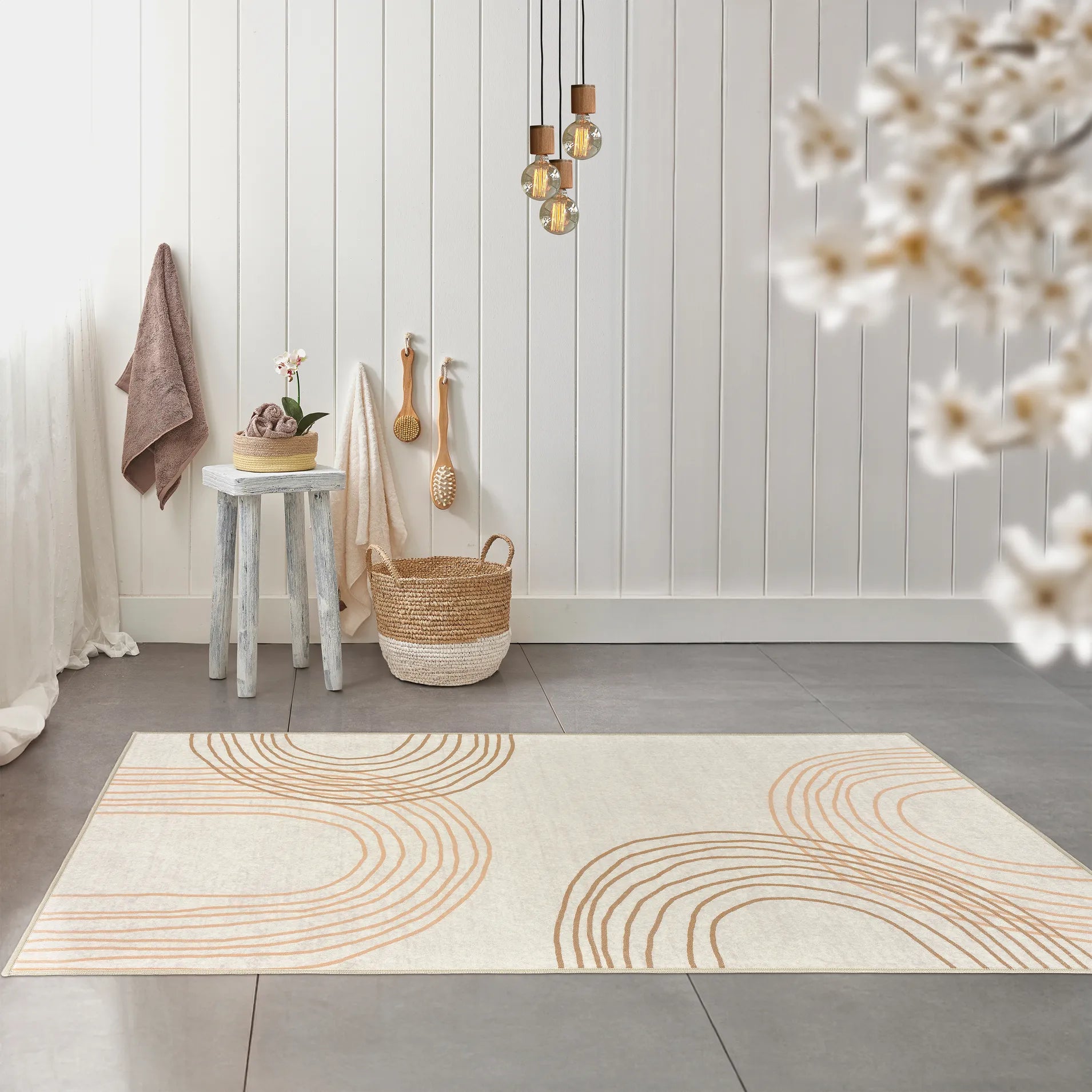 Tappeto Arch 80×150 cm in ambiente bagno/ingresso luminoso; lavabile in lavatrice a 40° e asciugabile in asciugatrice.