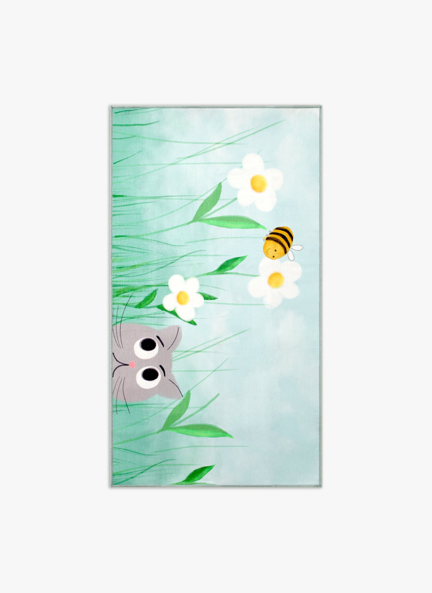 Tappeto Kitty&Bee 90x160 cm, collezione Chenny stile Kids con gattino grigio e ape su sfondo celeste pastello