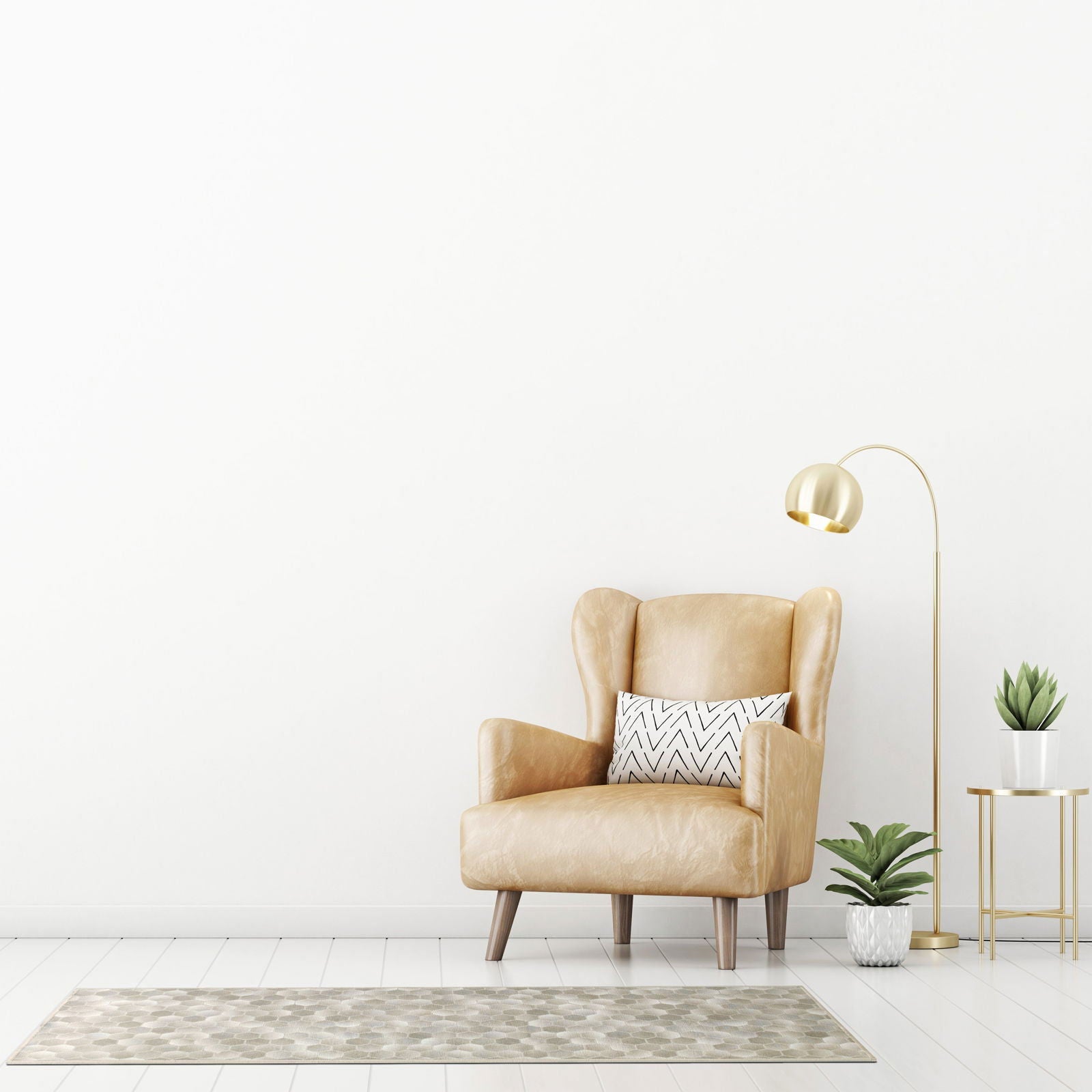 Tappeto Cotto 75 × 200 cm disteso su parquet bianco davanti a una poltrona in pelle beige, affiancato da una lampada da terra dorata e due piante