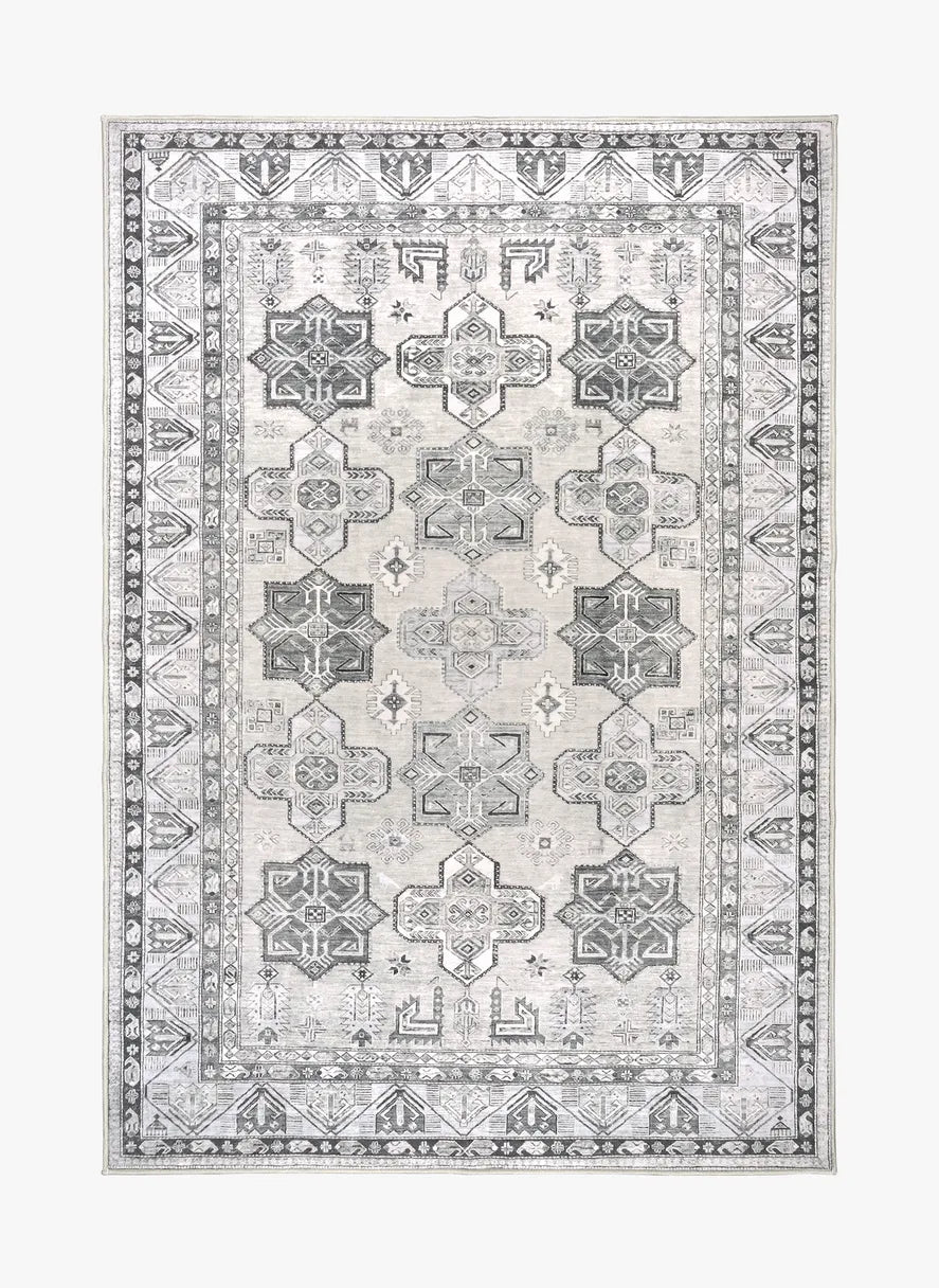 Tappeto Diamond 130×190 cm avorio e grigio con disegno geometrico caucasico; lavabile a 40°, asciugabile in asciugatrice, antimacchia, antiscivolo e impermeabile.