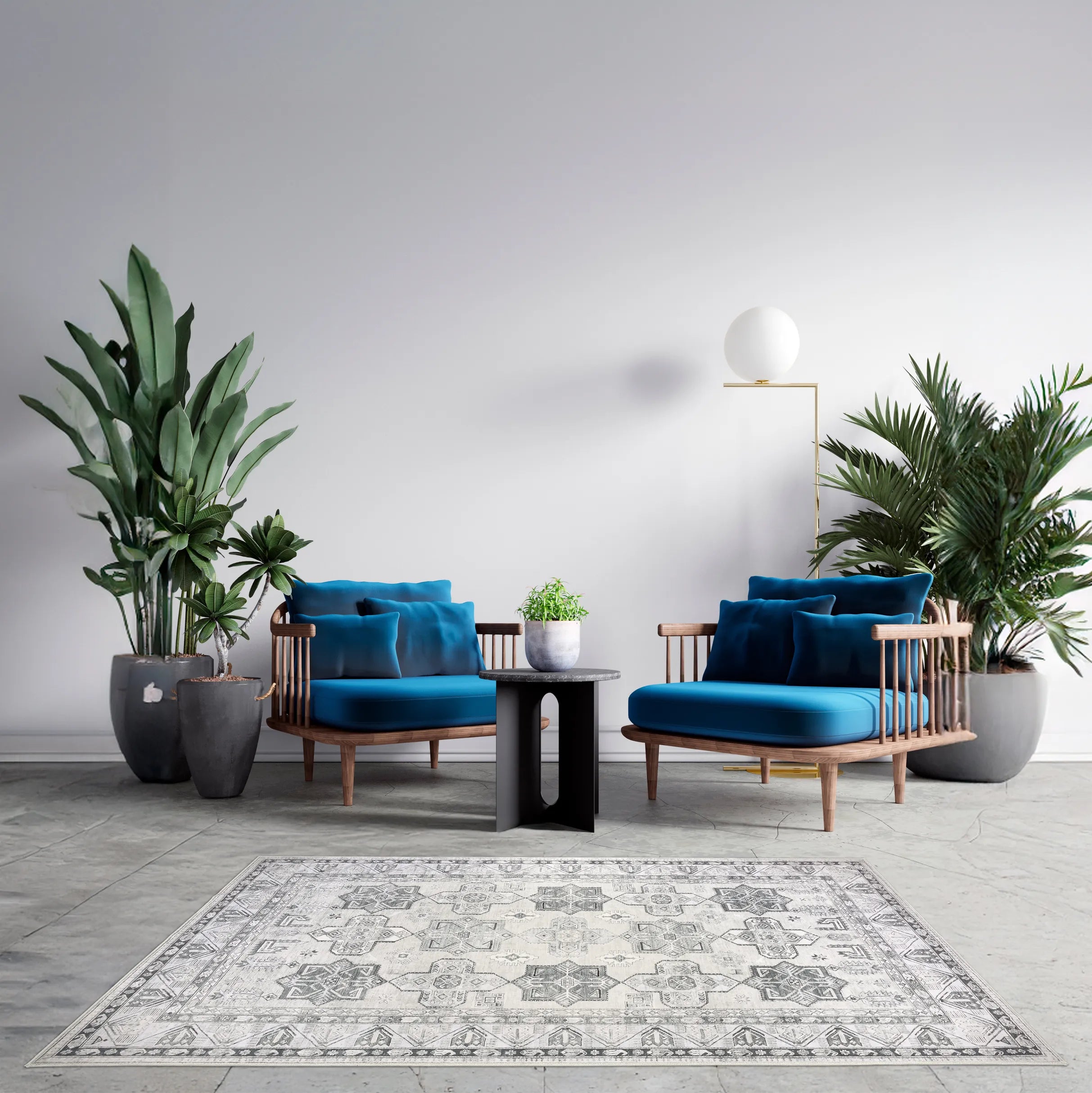 Tappeto Diamond 160×230 cm avorio e grigio con pattern geometrico, posizionato in un salotto moderno con sedie blu e piante; lavabile e asciugabile.