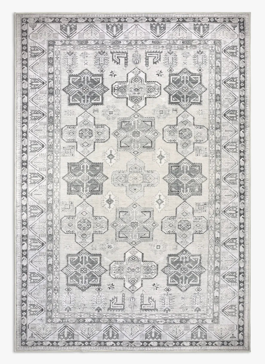 Tappeto Diamond 160×230 cm in tonalità avorio e grigio con motivo geometrico caucasico; lavabile a 40°, asciugabile in asciugatrice, antimacchia, antiscivolo e impermeabile.