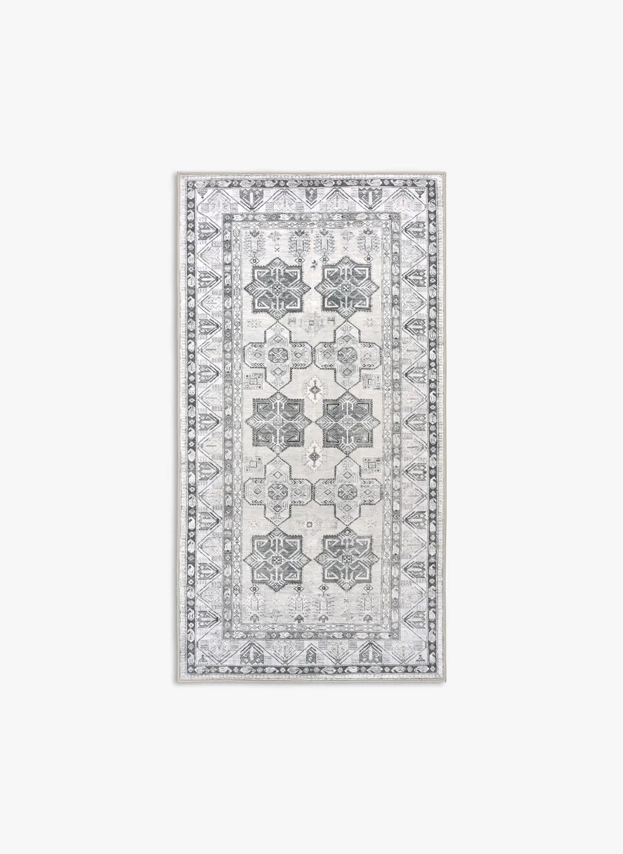 Tappeto Diamond 80×150 cm avorio e grigio con pattern geometrico caucasico; lavabile in lavatrice a 40°, asciugabile, antimacchia, antiscivolo e impermeabile.