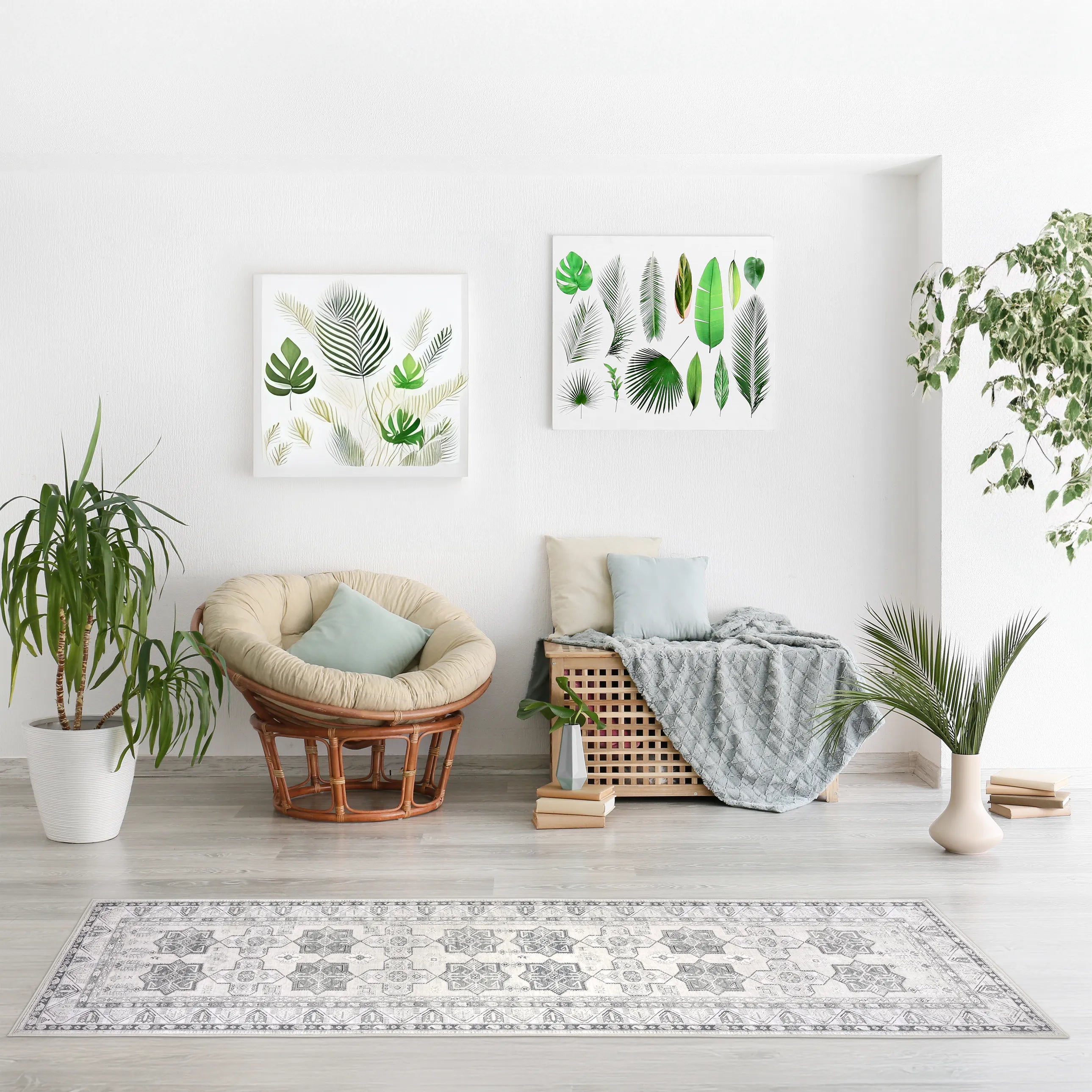 Tappeto runner Diamond 80×250 cm avorio e grigio con disegno geometrico caucasico, posizionato in un soggiorno boho con sedia papasan, piante e quadri; lavabile e asciugabile.