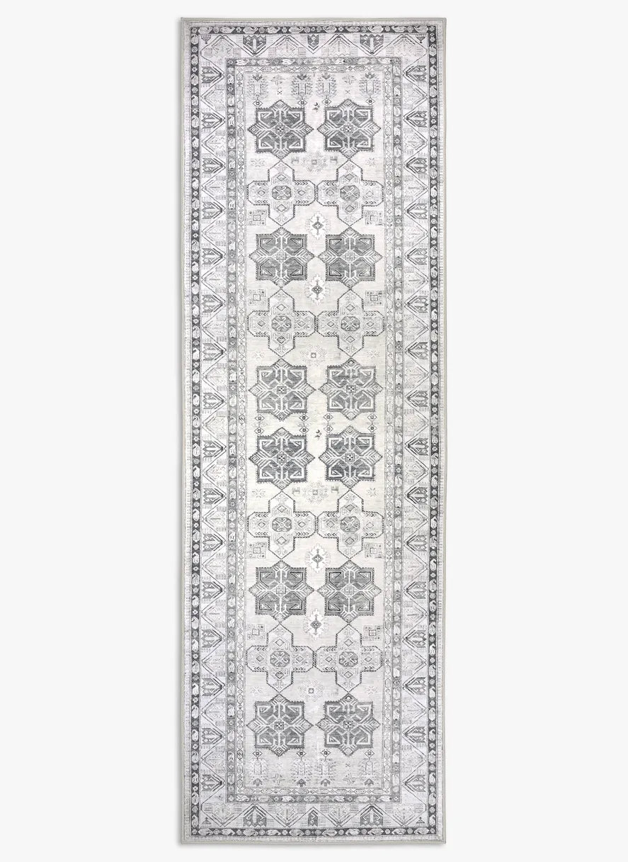 Tappeto runner Diamond 80×250 cm avorio e grigio con motivo geometrico caucasico; lavabile a 40°, asciugabile in asciugatrice, antimacchia, antiscivolo e impermeabile.