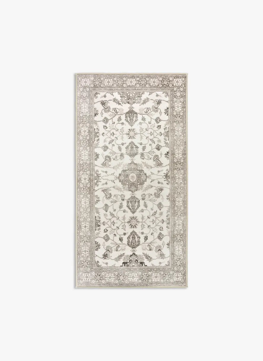 Tappeto Farah 80×150 cm con disegno persiano floreale in avorio, beige e grigio; lavabile in lavatrice a 40° e asciugabile in asciugatrice, antimacchia e impermeabile.