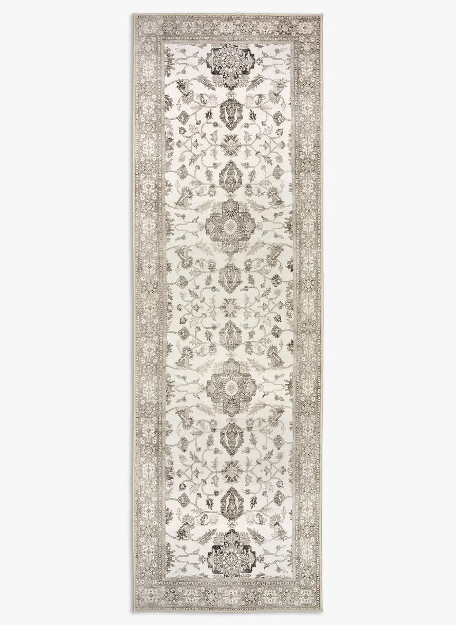 Tappeto runner Farah 80×250 cm con motivo floreale persiano in avorio e beige; lavabile a 40° e asciugabile in asciugatrice, antimacchia, antiscivolo e impermeabile.