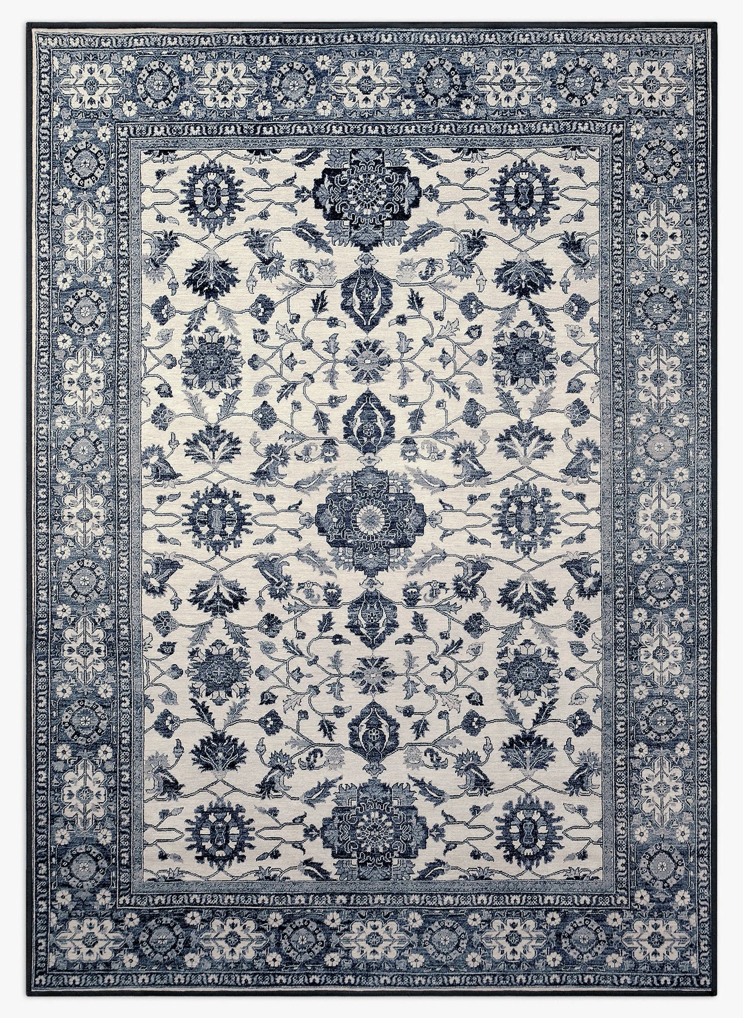 Tappeto Farahan 170×240 cm Lindorug lavabile in lavatrice e asciugabile in asciugatrice collezione Chenny stile Classic con motivo tradizionale grigio e azzurro avio