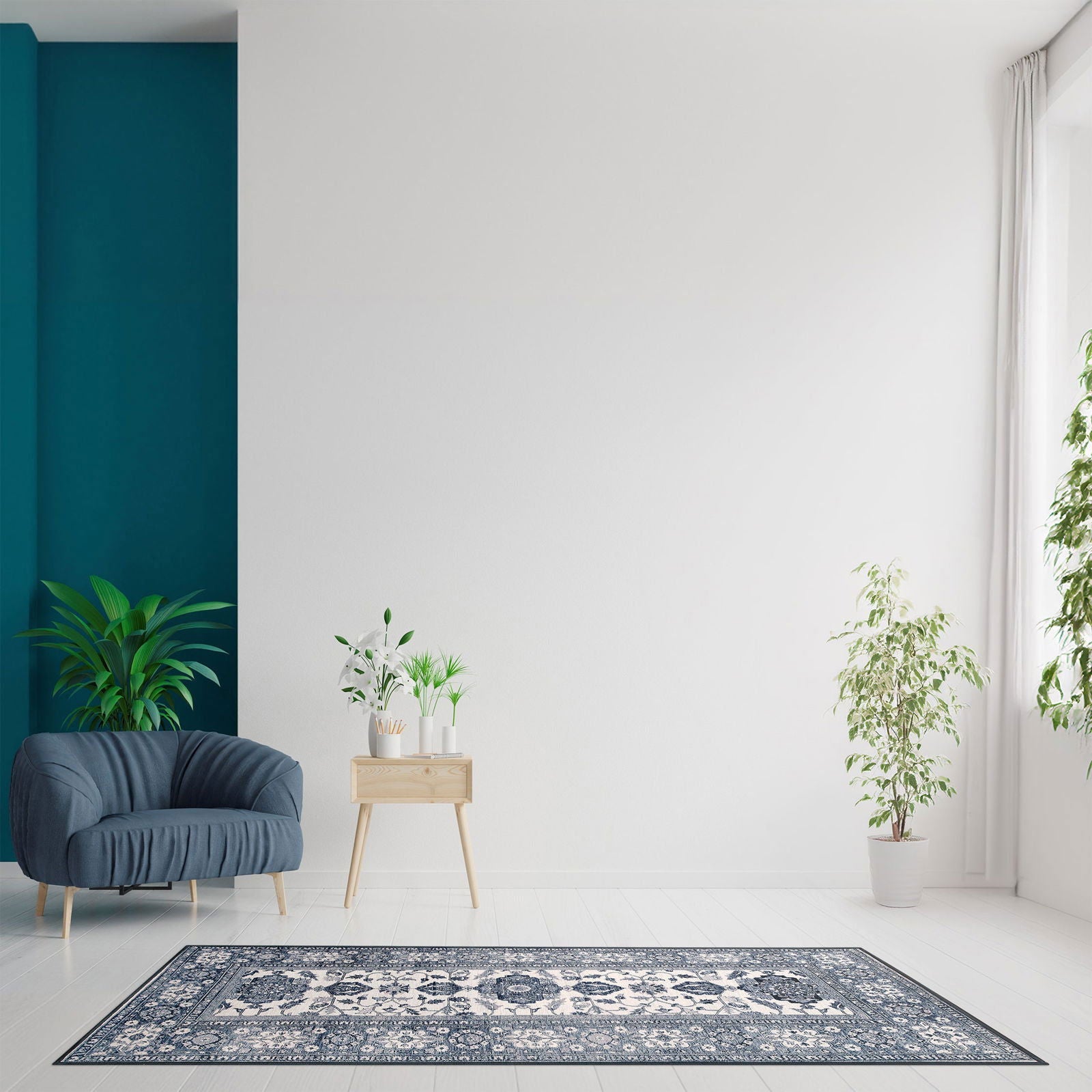 Tappeto Farahan 90×160 cm Lindorug collezione Chenny stile Classic in living moderno con parete bicolore bianca e blu