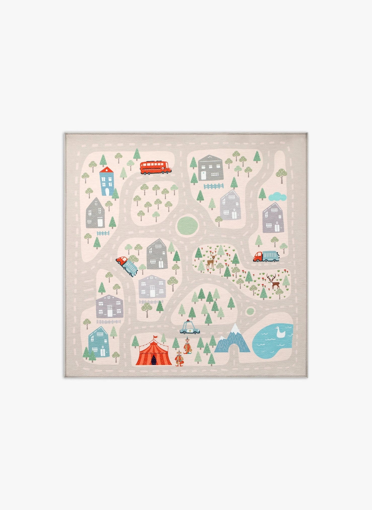 Tappeto Forest Road 120x120 cm, collezione Chenny stile Kids con decoro strade, case e alberi nei toni pastello