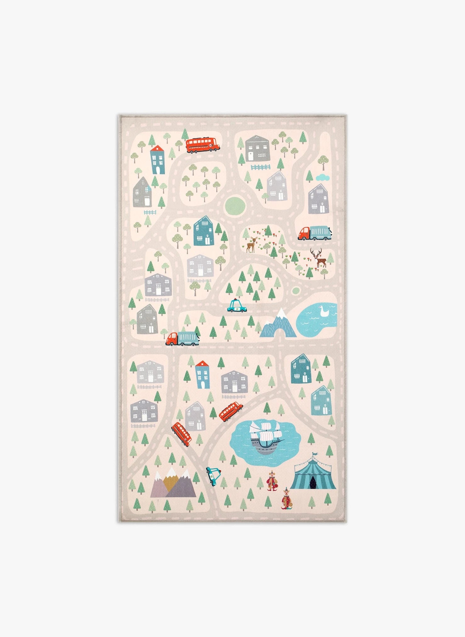 Tappeto Forest Road 90x160 cm, collezione Chenny stile Kids con decoro strade, case e alberi nei toni pastello