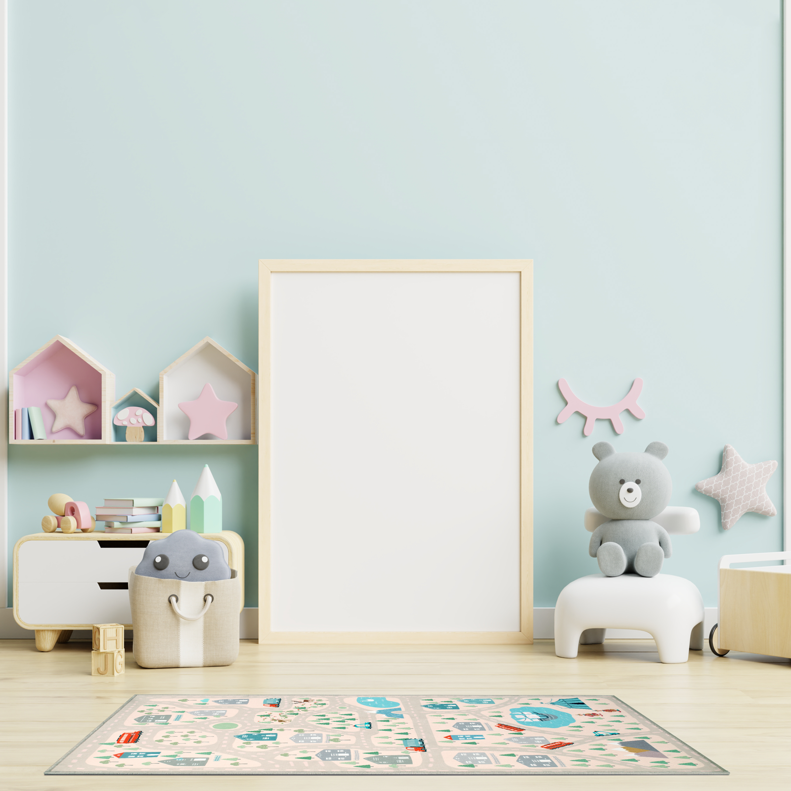 Tappeto Forest Road 90x160 cm, collezione Chenny stile Kids posizionato in cameretta con giochi e mobili in legno chiaro