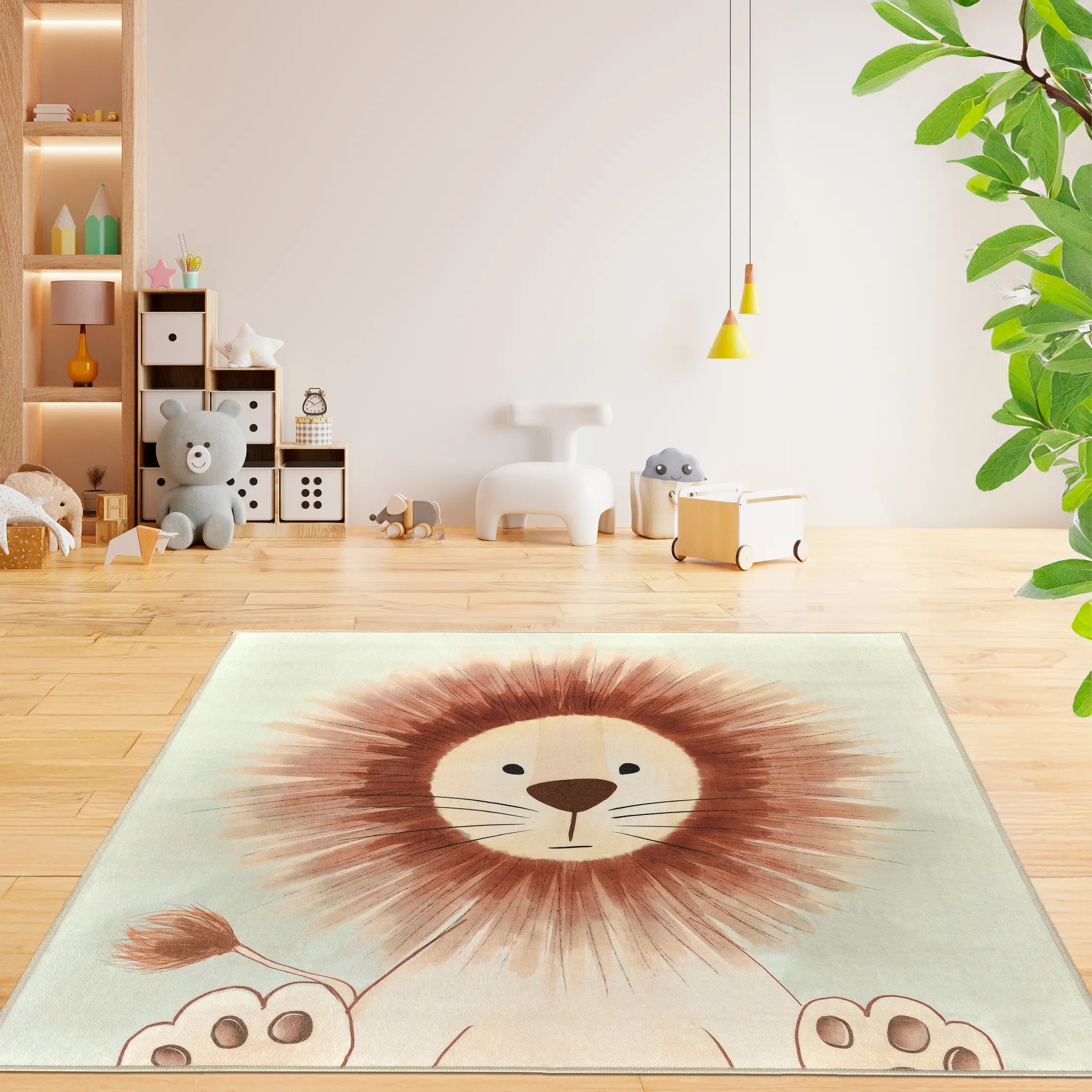 Cameretta moderna con libreria a cubi, giochi in legno e due lampade a sospensione; tappeto Leon 120×120 cm davanti all’area giochi; lavabile in lavatrice e asciugabile in asciugatrice.