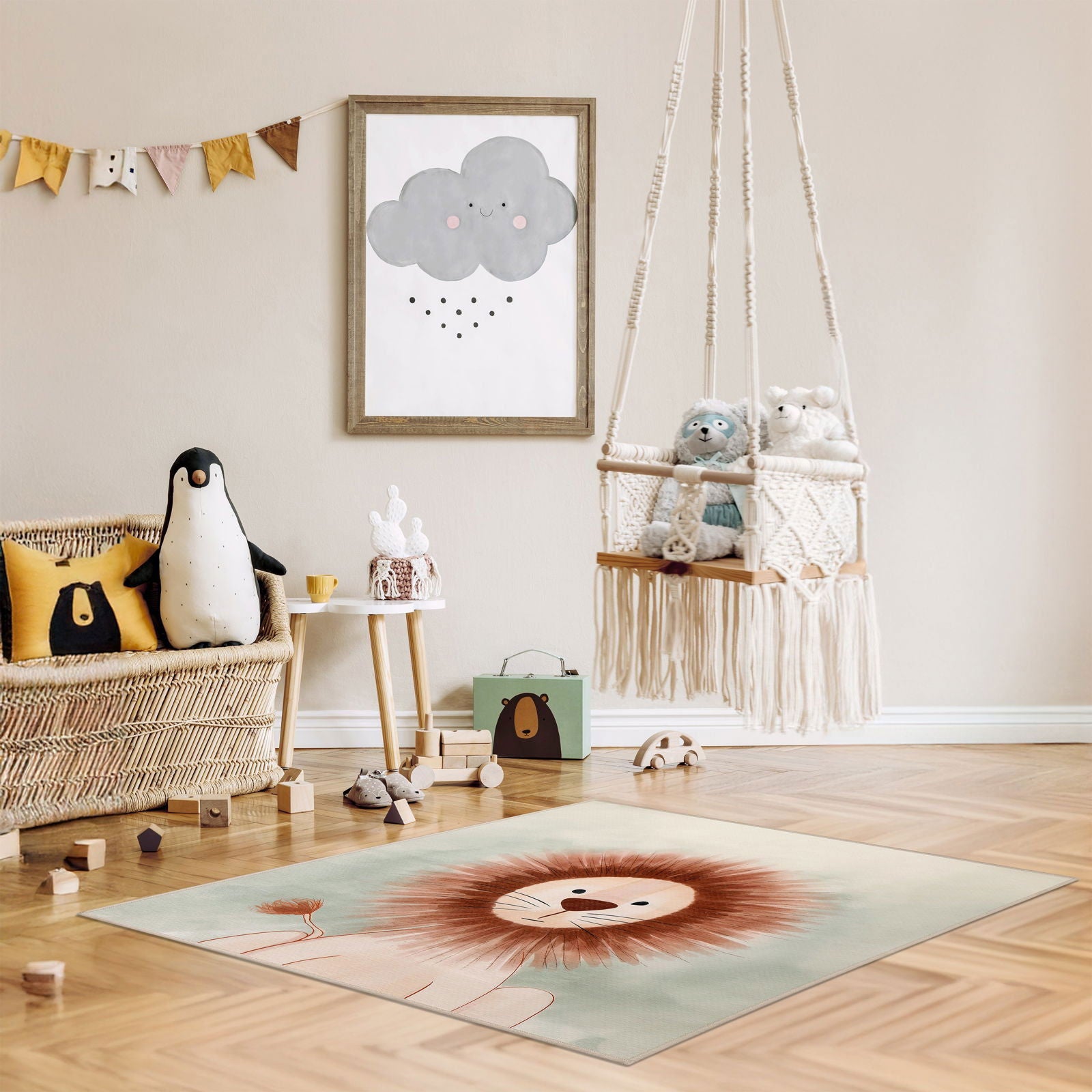 Cameretta minimal con tappeto Lion collezione Chenny stile Kids e peluche disposti sul pavimento
