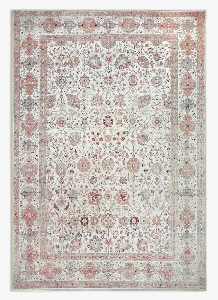 Tappeto Sindhi 160 × 230 cm in ecru e corallo, motivo floreale orientale, lavabile in lavatrice a 40°, antimacchia e antiscivolo.