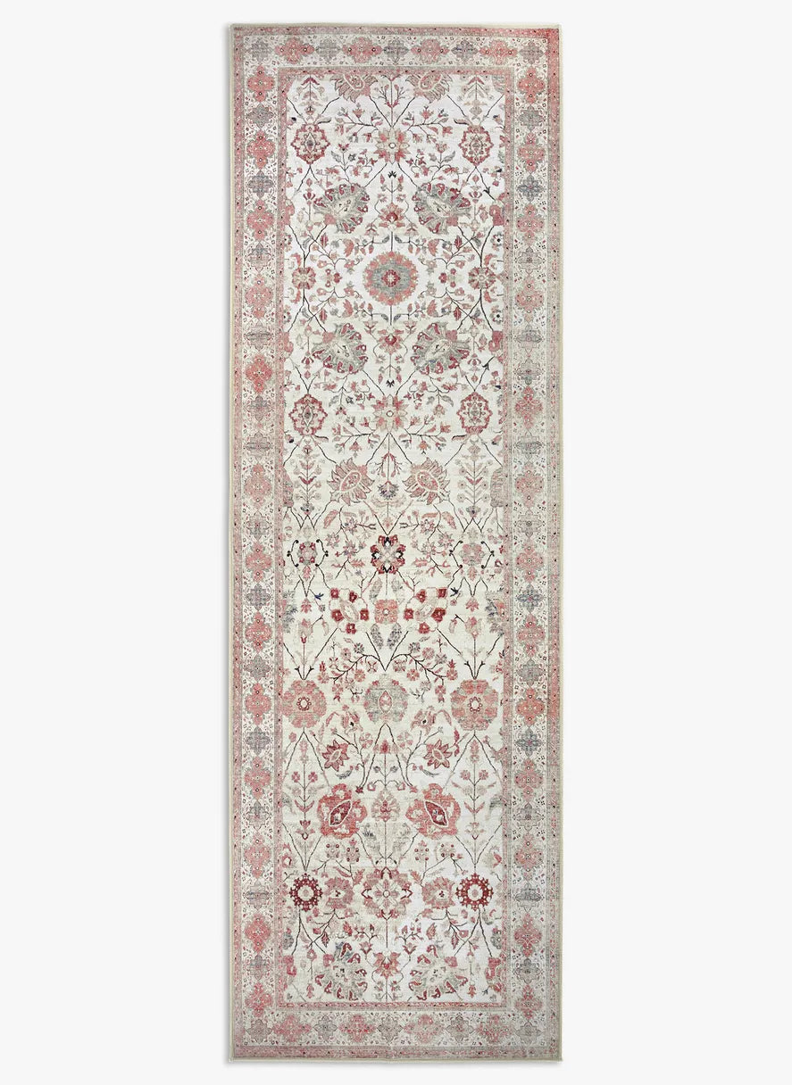 Tappeto runner Sindhi 80 × 250 cm ecru e corallo con motivo floreale orientale, lavabile e antiscivolo, adatto a corridoi.